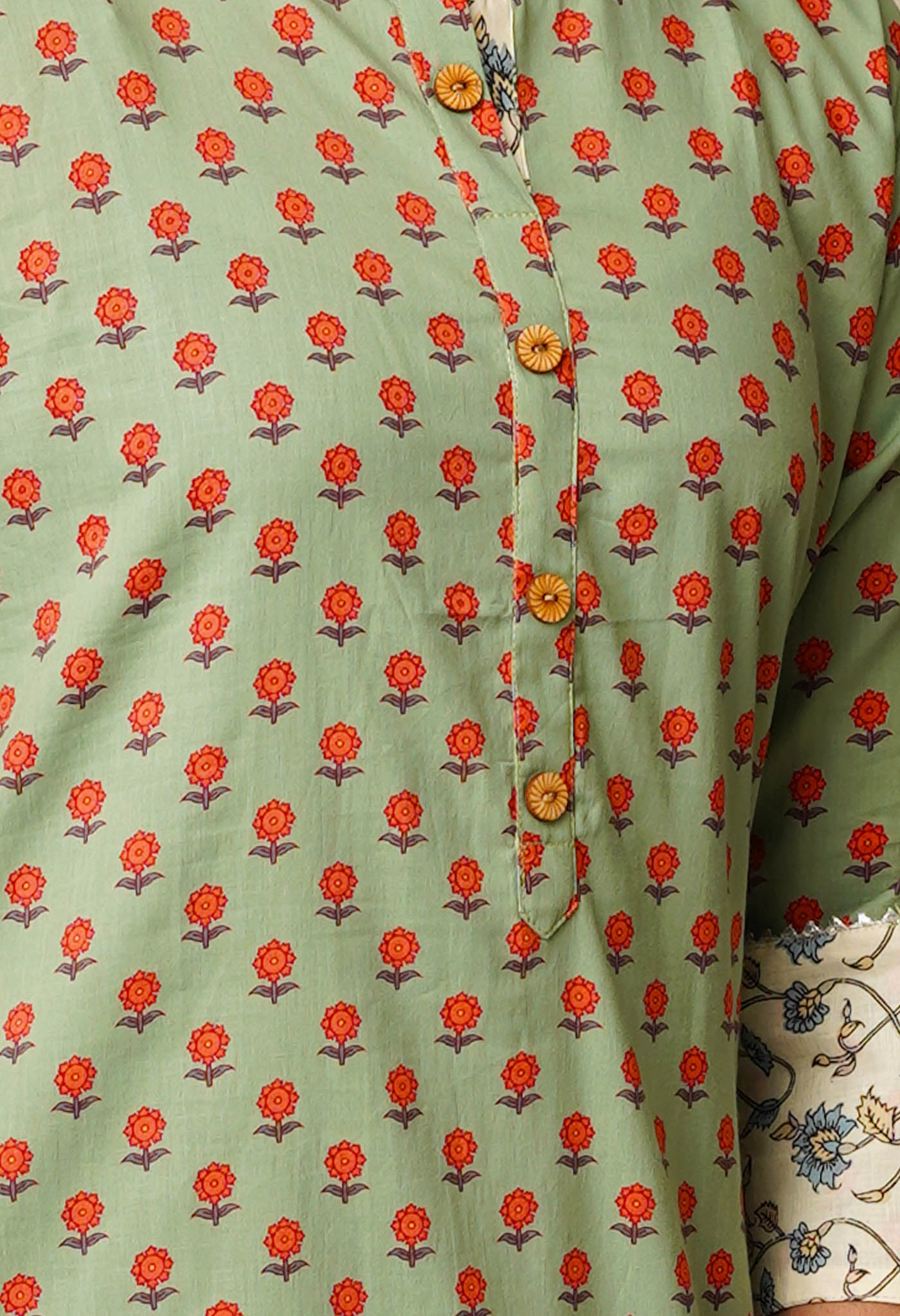 Dark Pastel Green Pure Bagru Floral Cotton Kurta-PKK1915