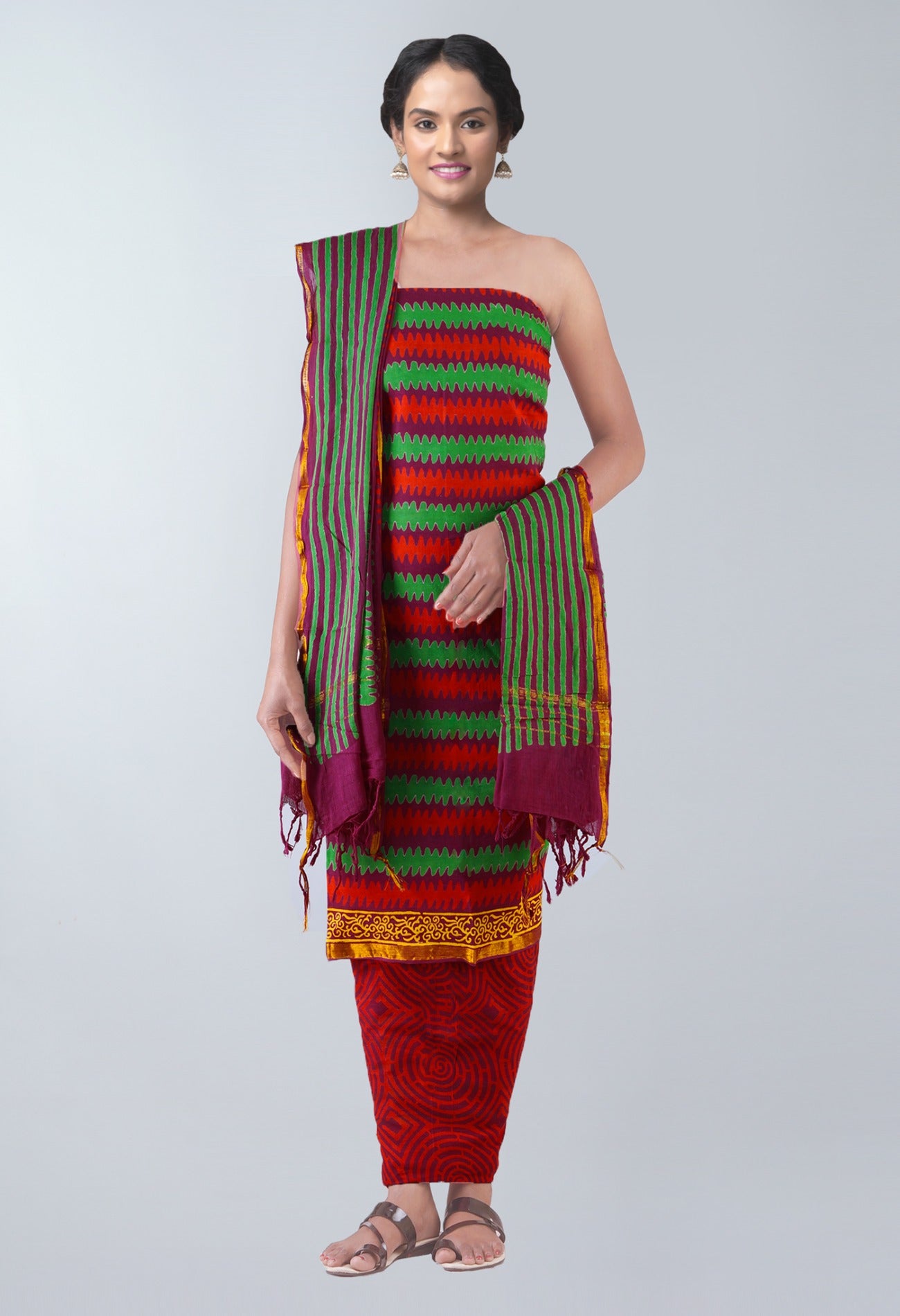 Online Shopping for Unstitched Maroon Pure Rajasthani Cotton Salwar Kameez with Bagru Prints from Rajasthan at Unnatisilks.com, India