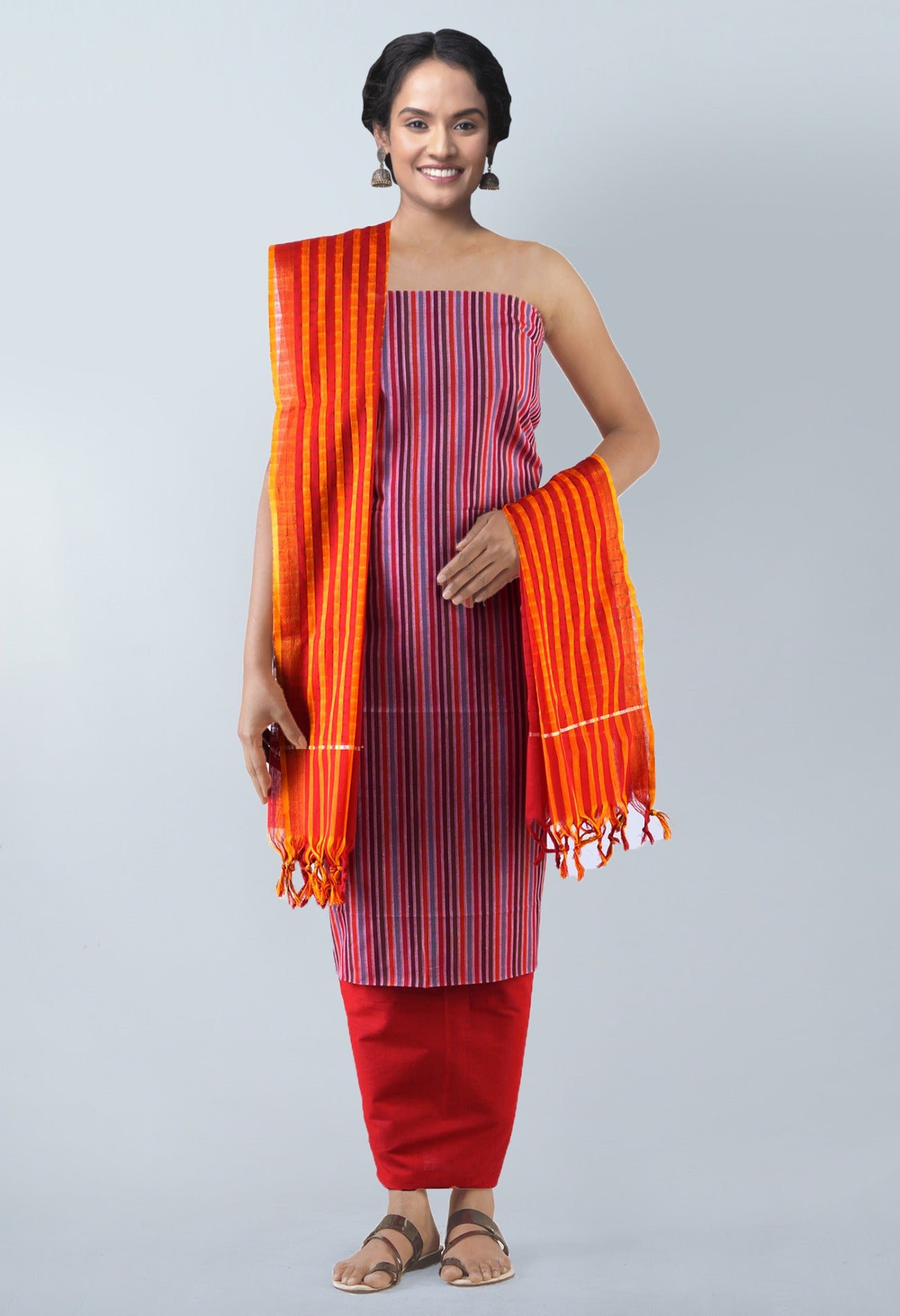 Online Shopping for Unstitched Multicolor-Red Pure Mangalagiri Cotton Salwar Kameez with Weaving from Andhra Pradesh at Unnatisilks.com, India