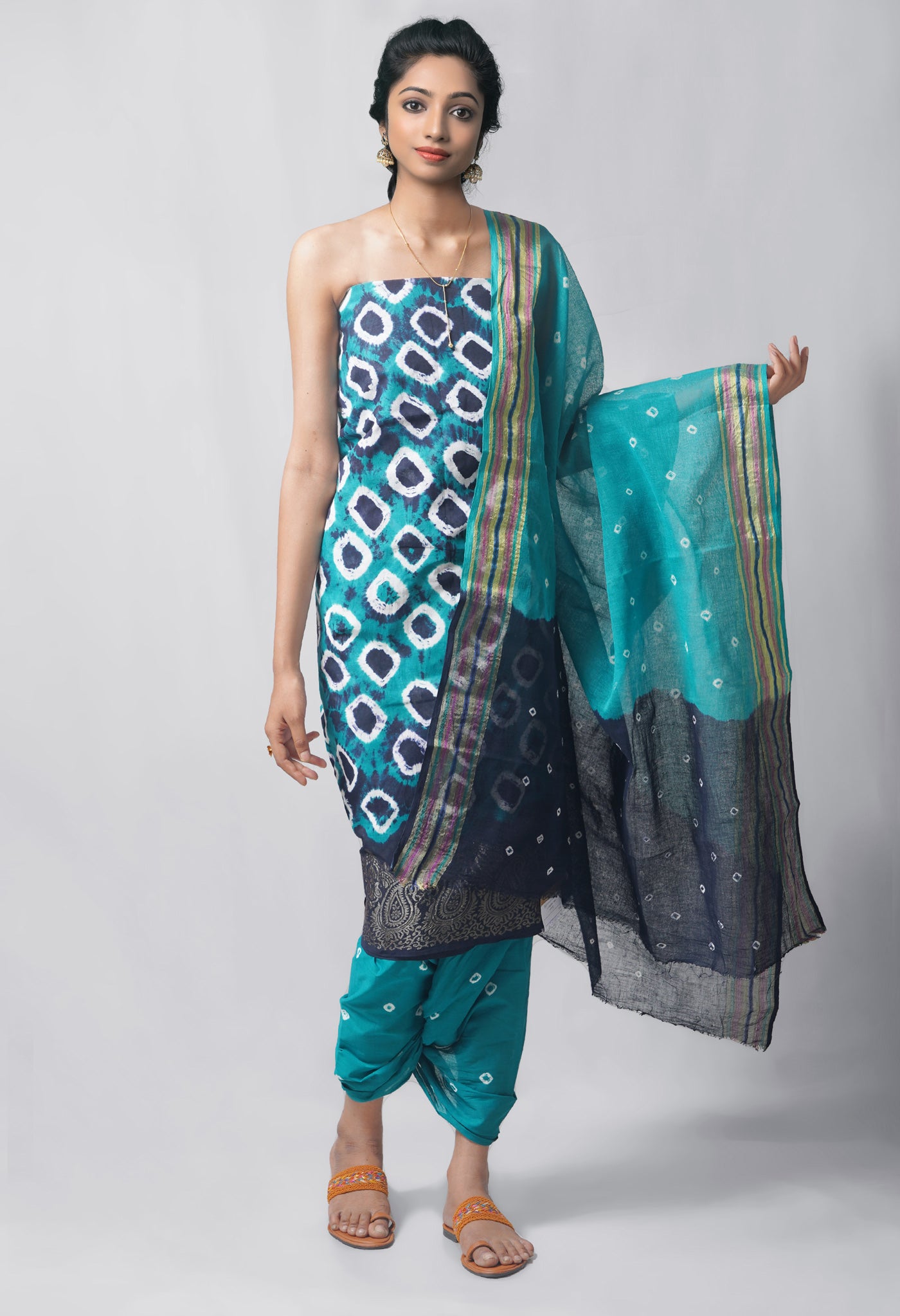 Unstitched Green-Dark Green Pure Bandhani Cotton Salwar Kameez –PR8760