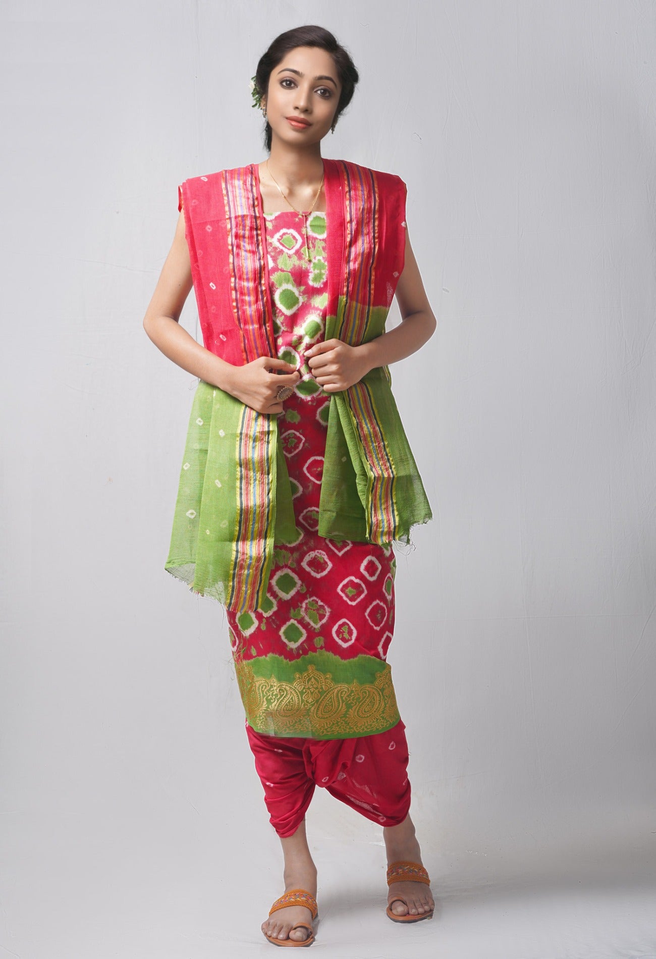 Online Shopping for Unstitched Red and Green Pure Bandhani Cotton Salwar Kameez with Tie and Dye Bandhani from Rajasthan at Unnatisilks.com India
