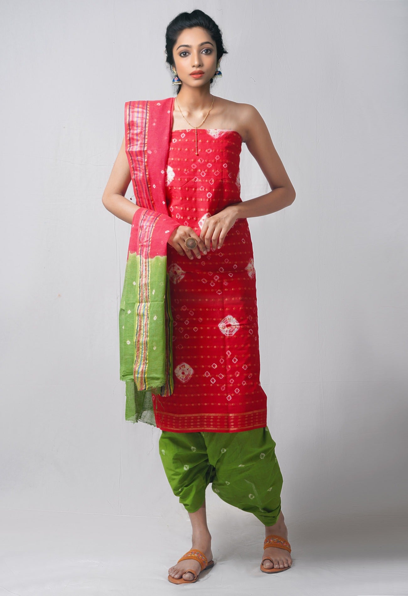 Online Shopping for Unstitched Red-Green Pure Bandhani Cotton Salwar Kameez with Tie and Dye Bandhani from Rajasthan at Unnatisilks.com India
