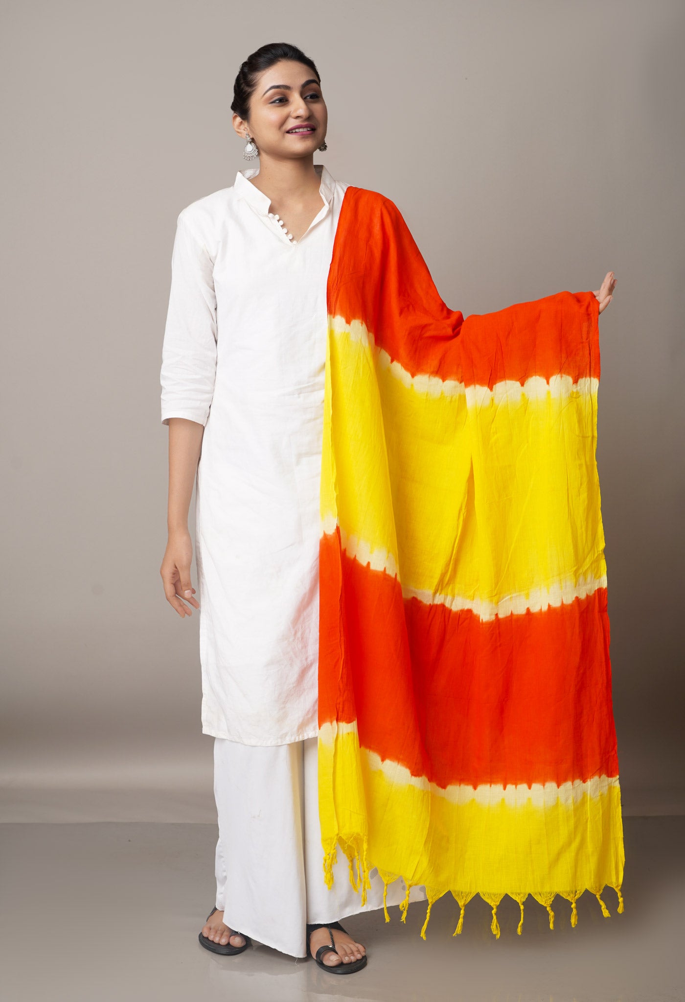 Yellow-Orange Pure Tie- Dye Shibori Cotton Dupatta-UDS3650