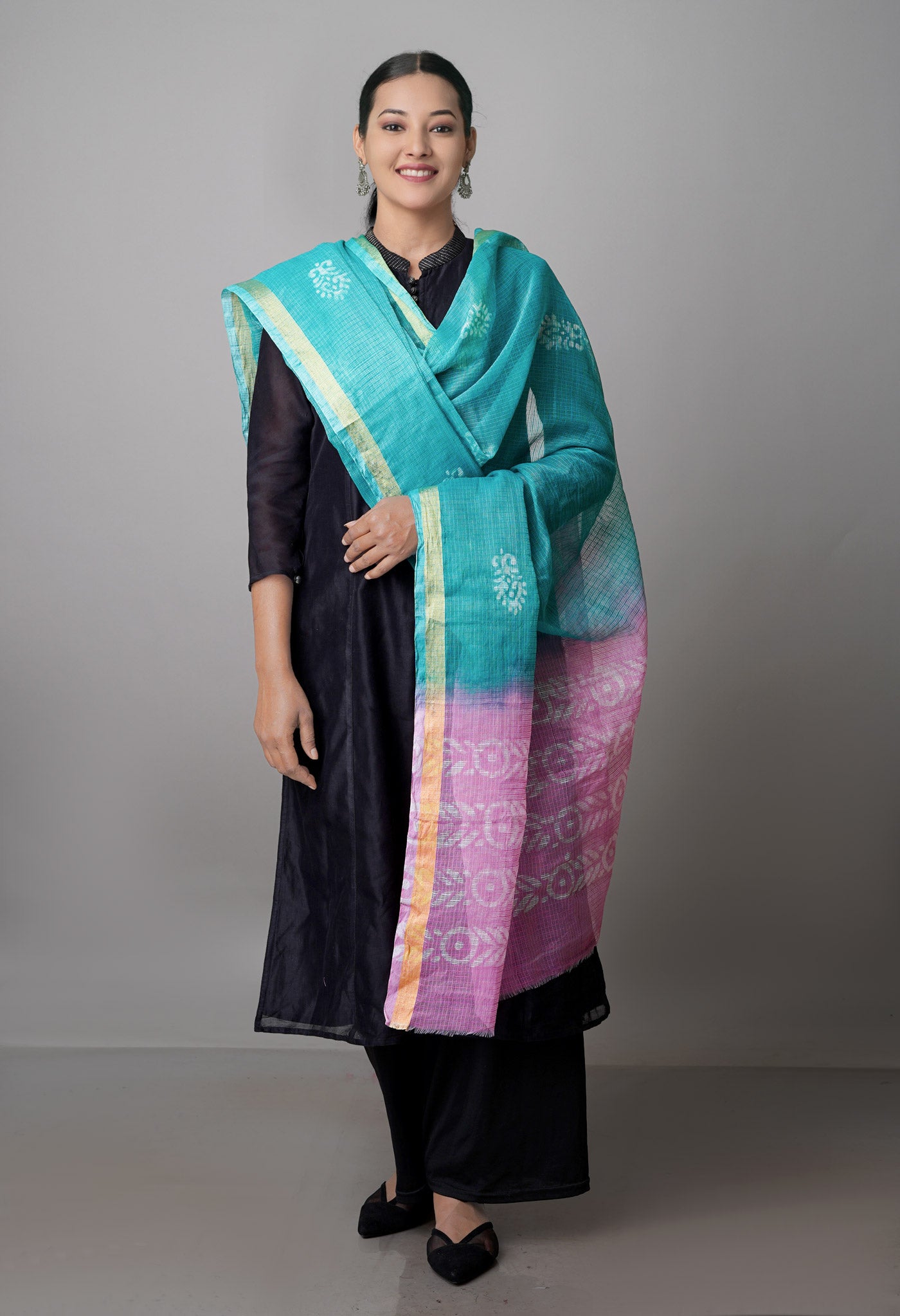 Green-Pink Pure Wax Batik Kota Cotton Dupatta-UDS3819