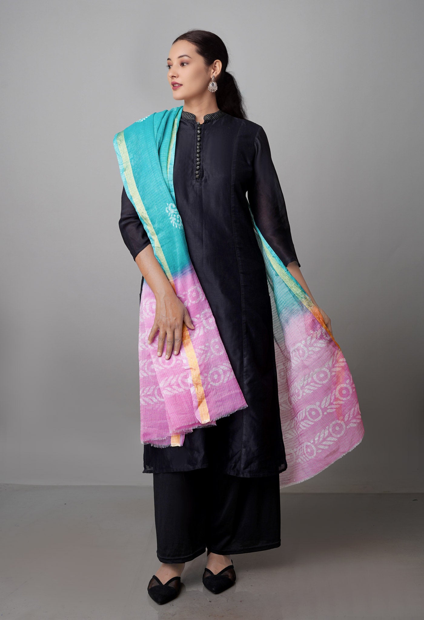 Green-Pink Pure Wax Batik Kota Cotton Dupatta-UDS3819