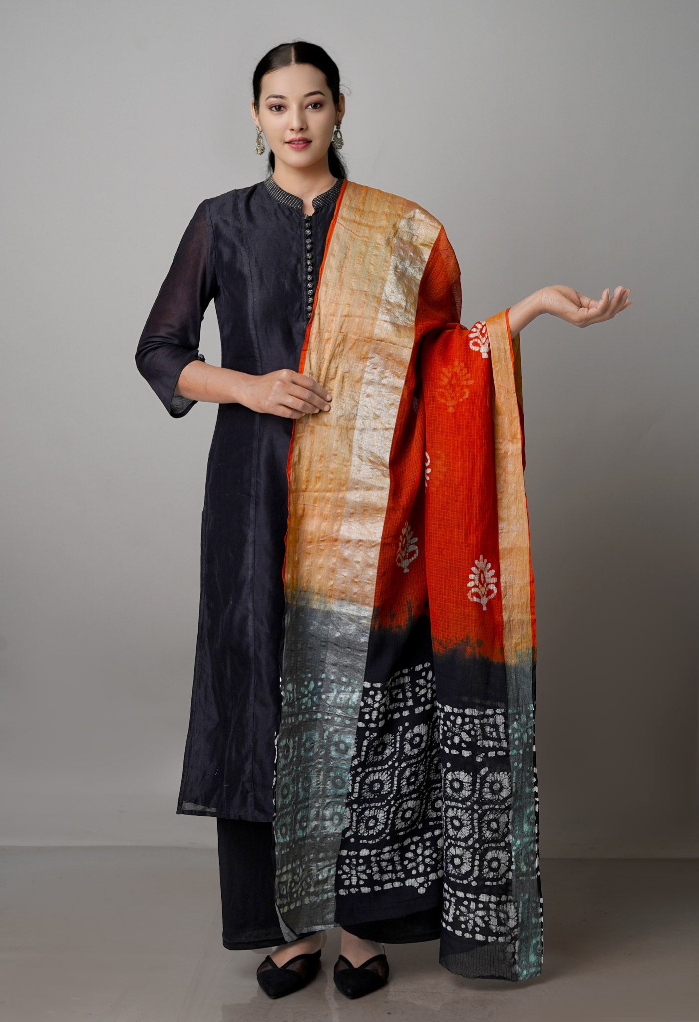 Brown-Black Pure Wax Batik Kota Cotton Dupatta-UDS3827