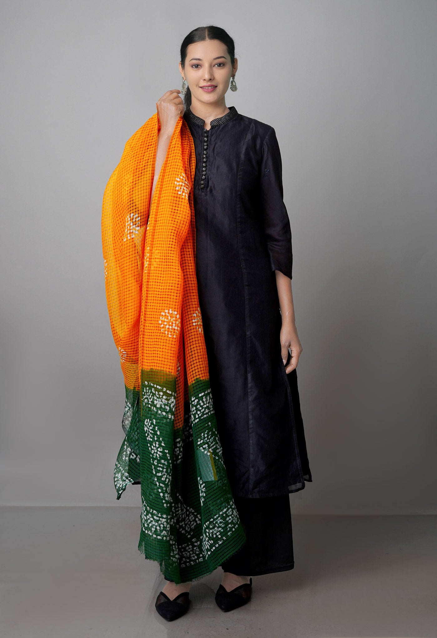 Mustard Yellow-Green Pure Wax Batik with Fancy Checks Kota Cotton Dupatta-UDS3833
