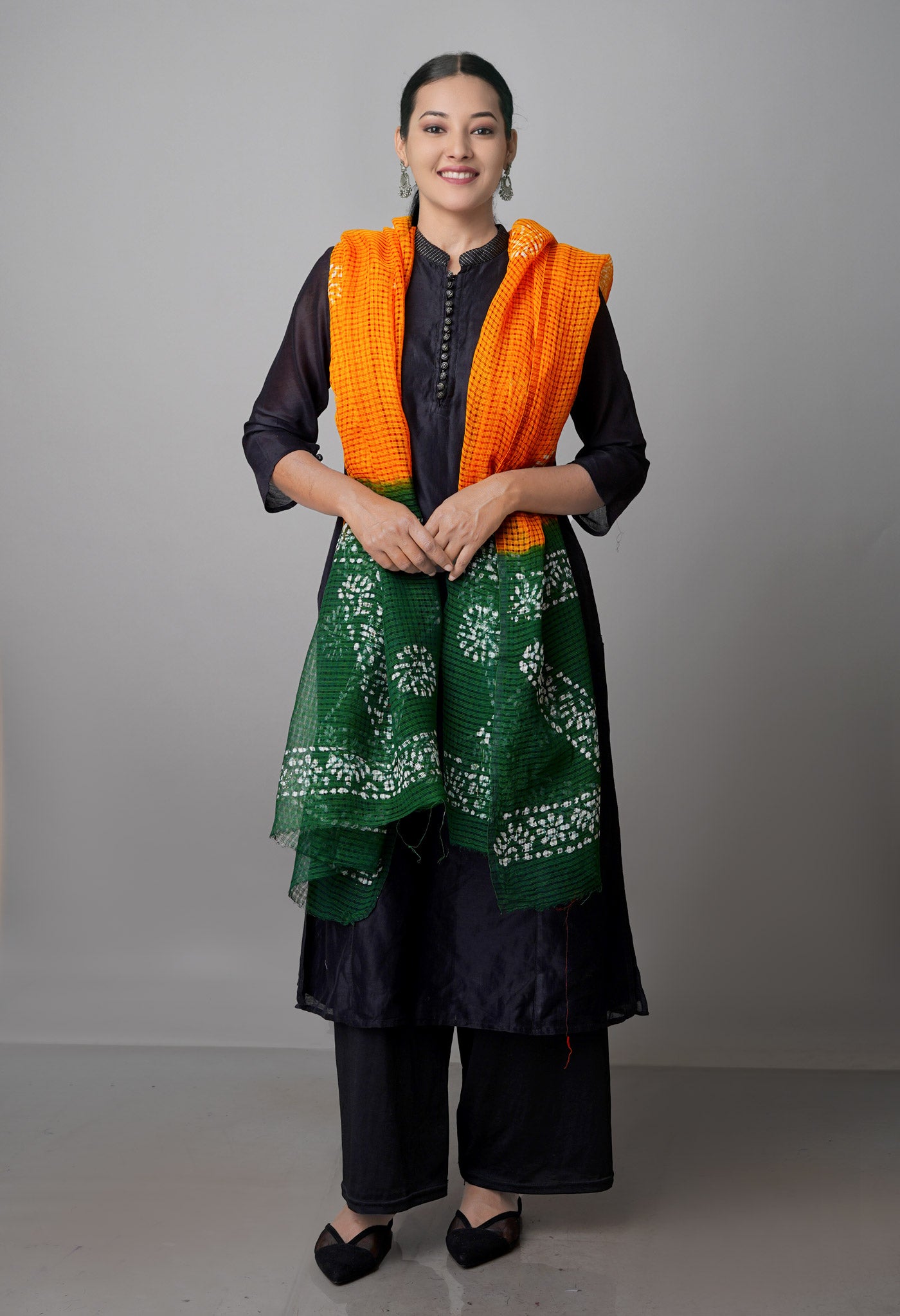 Mustard Yellow-Green Pure Wax Batik with Fancy Checks Kota Cotton Dupatta-UDS3833