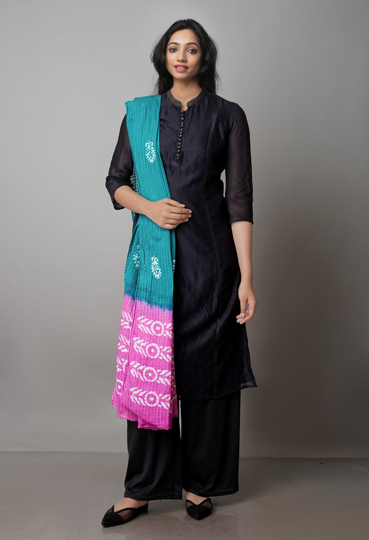 Green-Pink Pure Batik Kota Cotton Dupatta-UDS3863