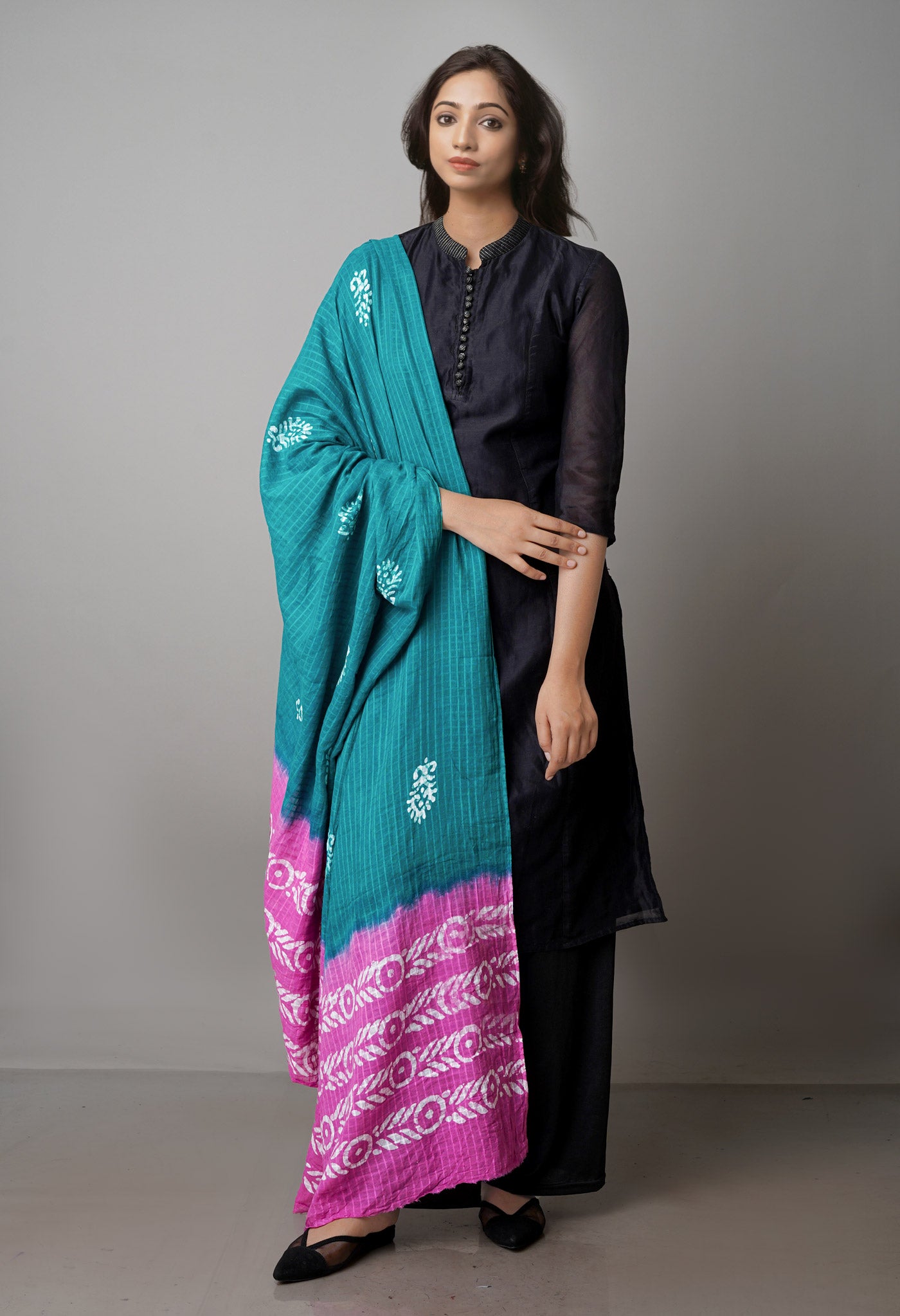 Green-Pink Pure Batik Kota Cotton Dupatta-UDS3863