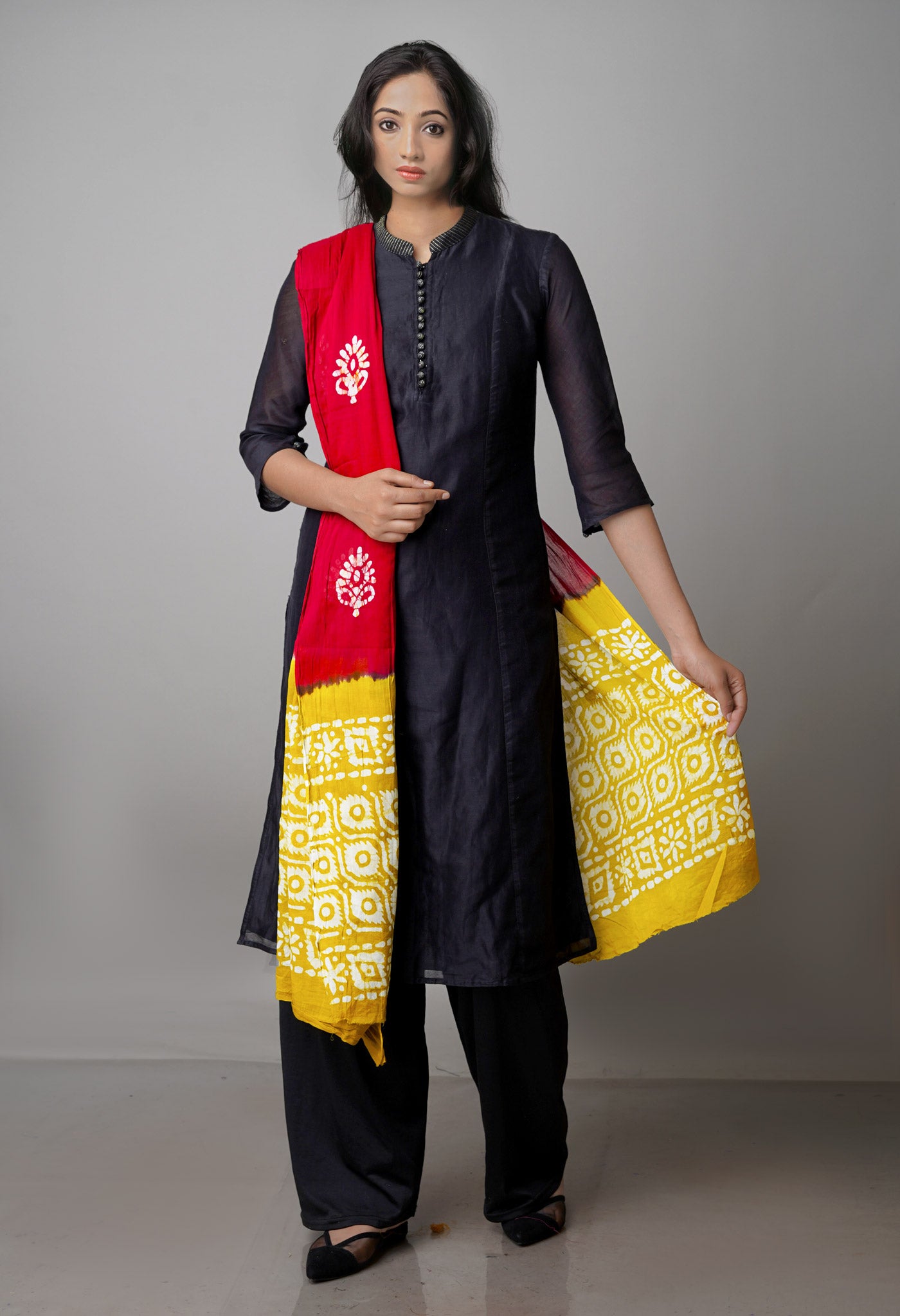 Maroon-Mustard Yellow Pure Batik Cotton Dupatta-UDS3901