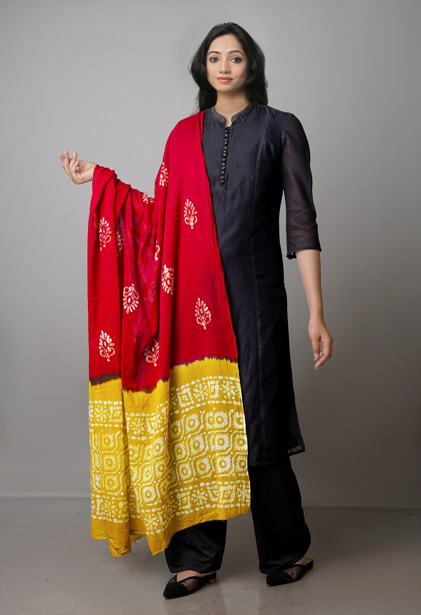 Maroon-Mustard Yellow Pure Batik Cotton Dupatta-UDS3901