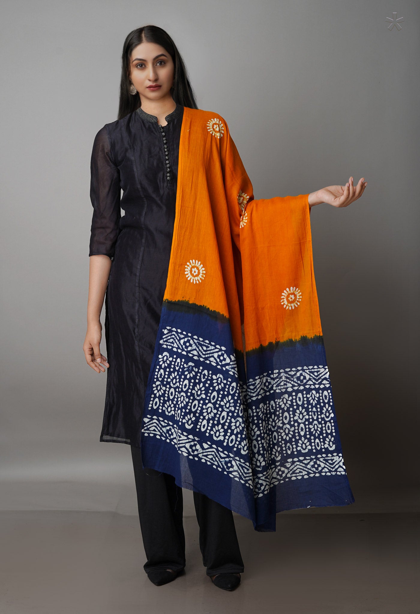 Mustard Yellow-Blue Pure Batik Cotton Dupatta-UDS3924