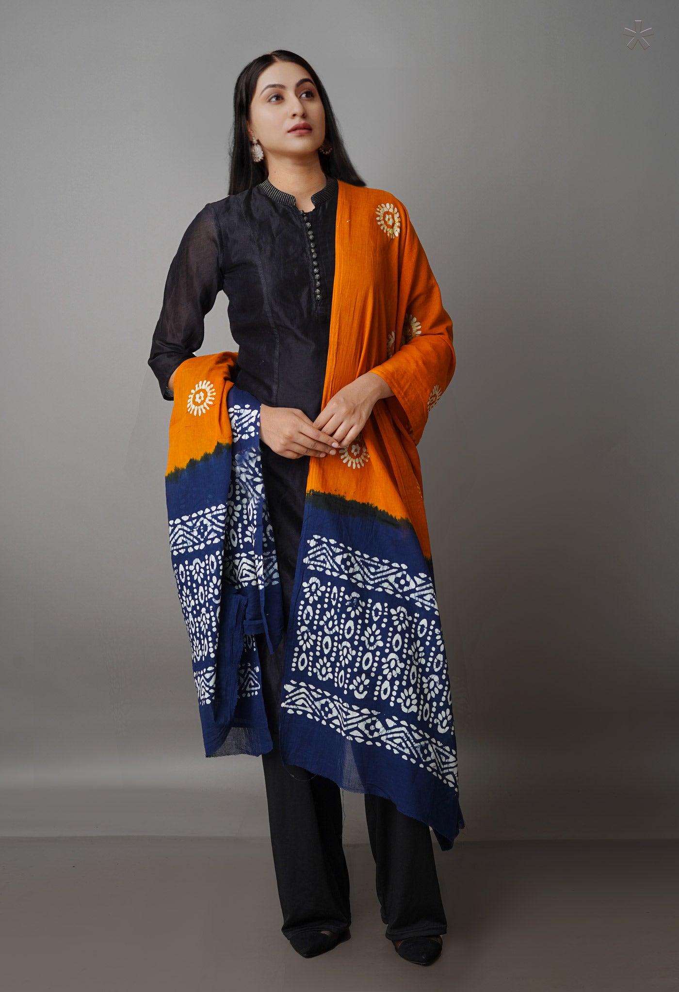 Mustard Yellow-Blue Pure Batik Cotton Dupatta-UDS3924