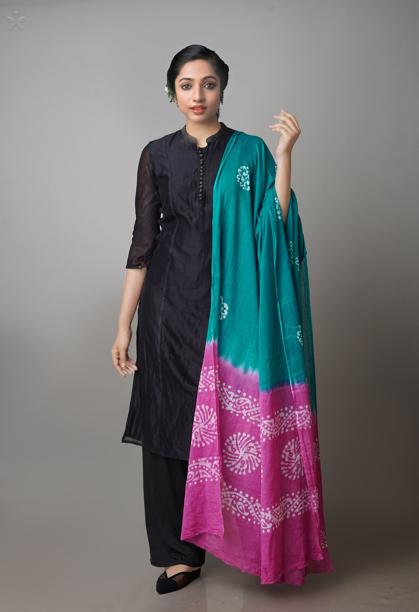 Green-Pink Pure Batik Cotton Dupatta-UDS3938