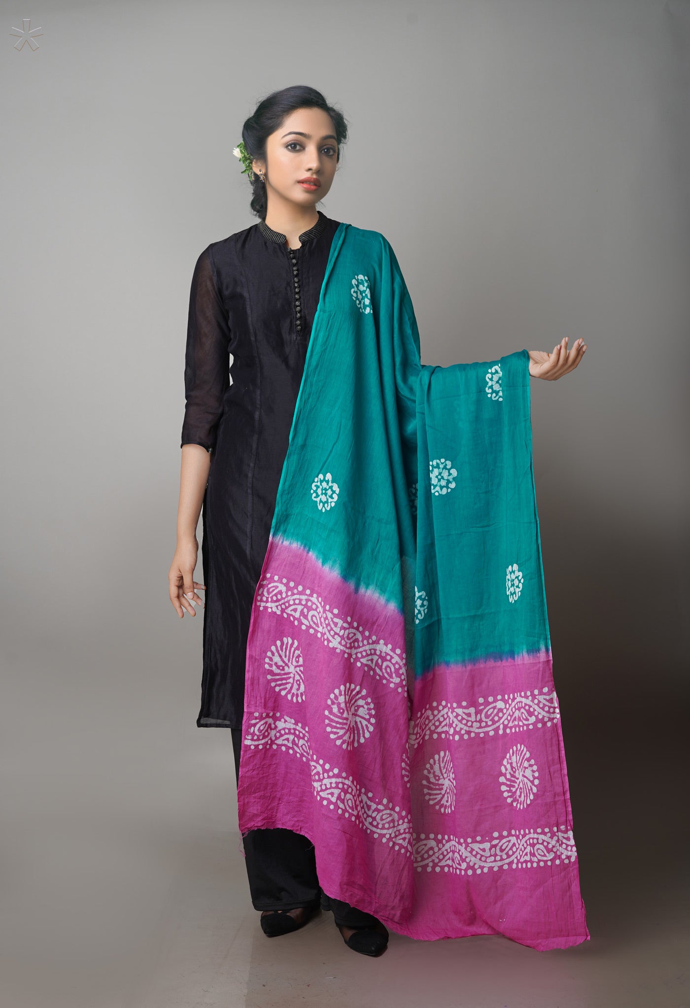 Green-Pink Pure Batik Cotton Dupatta-UDS3938