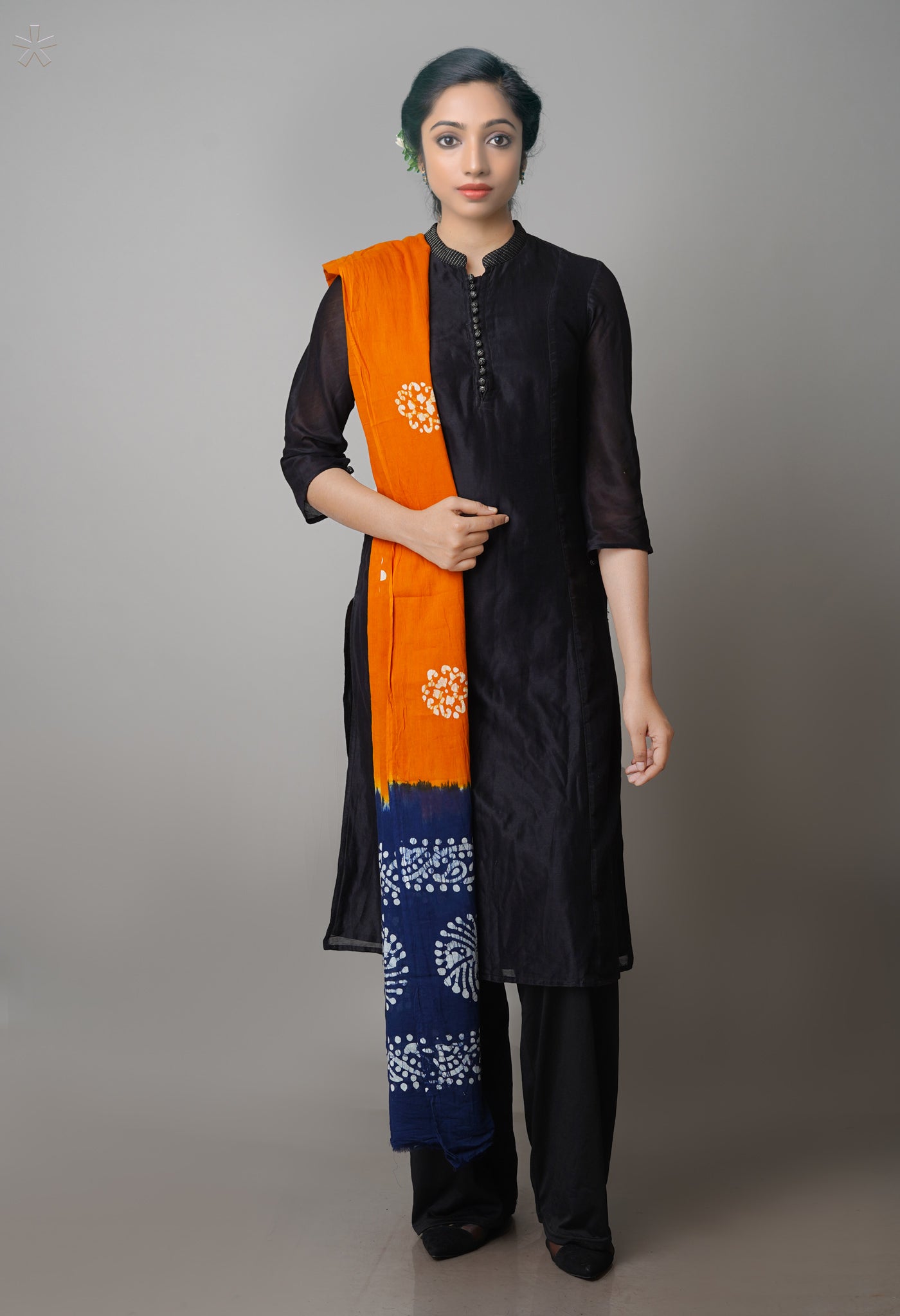 Brown-Blue Pure Batik Cotton Dupatta-UDS3944