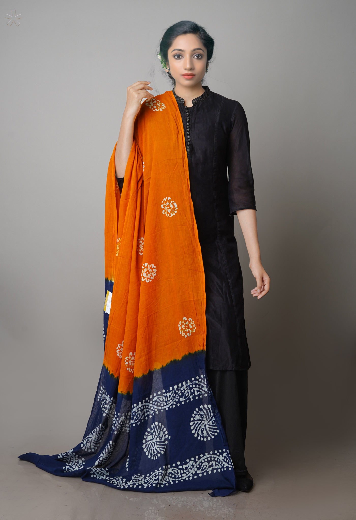 Brown-Blue Pure Batik Cotton Dupatta-UDS3944