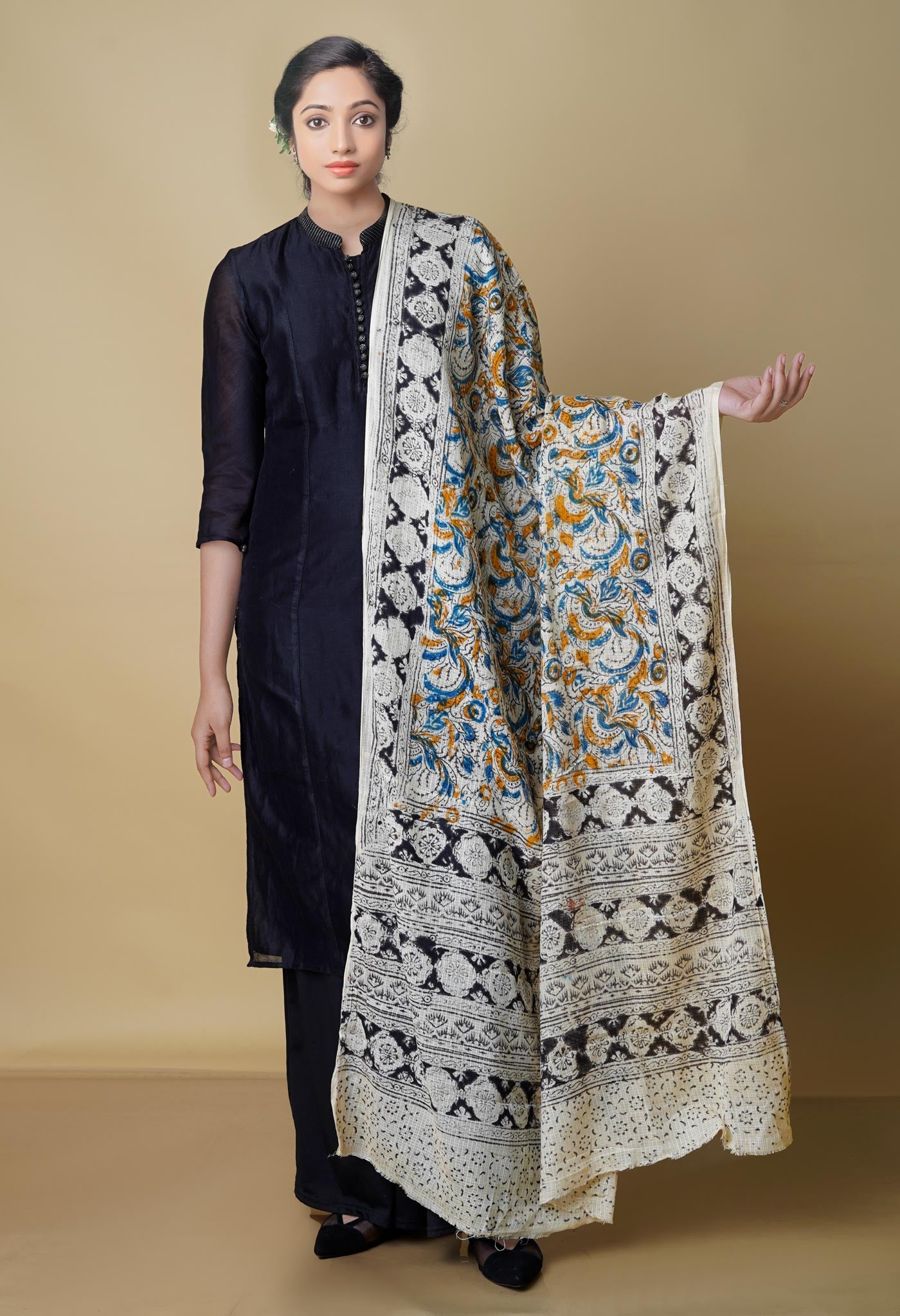 Multi Pure Kalamkari Handblock Printed Kota Dupatta-UDS4018