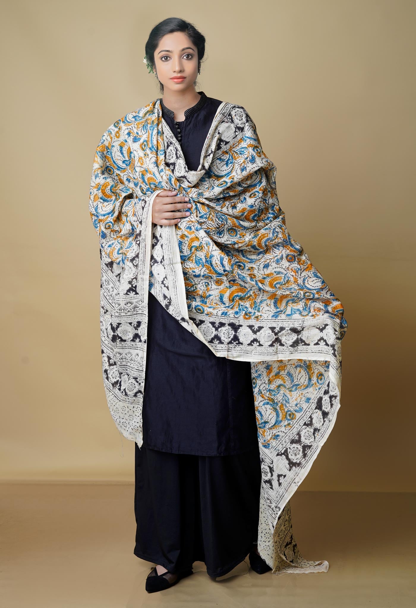 Multi Pure Kalamkari Handblock Printed Kota Dupatta-UDS4018