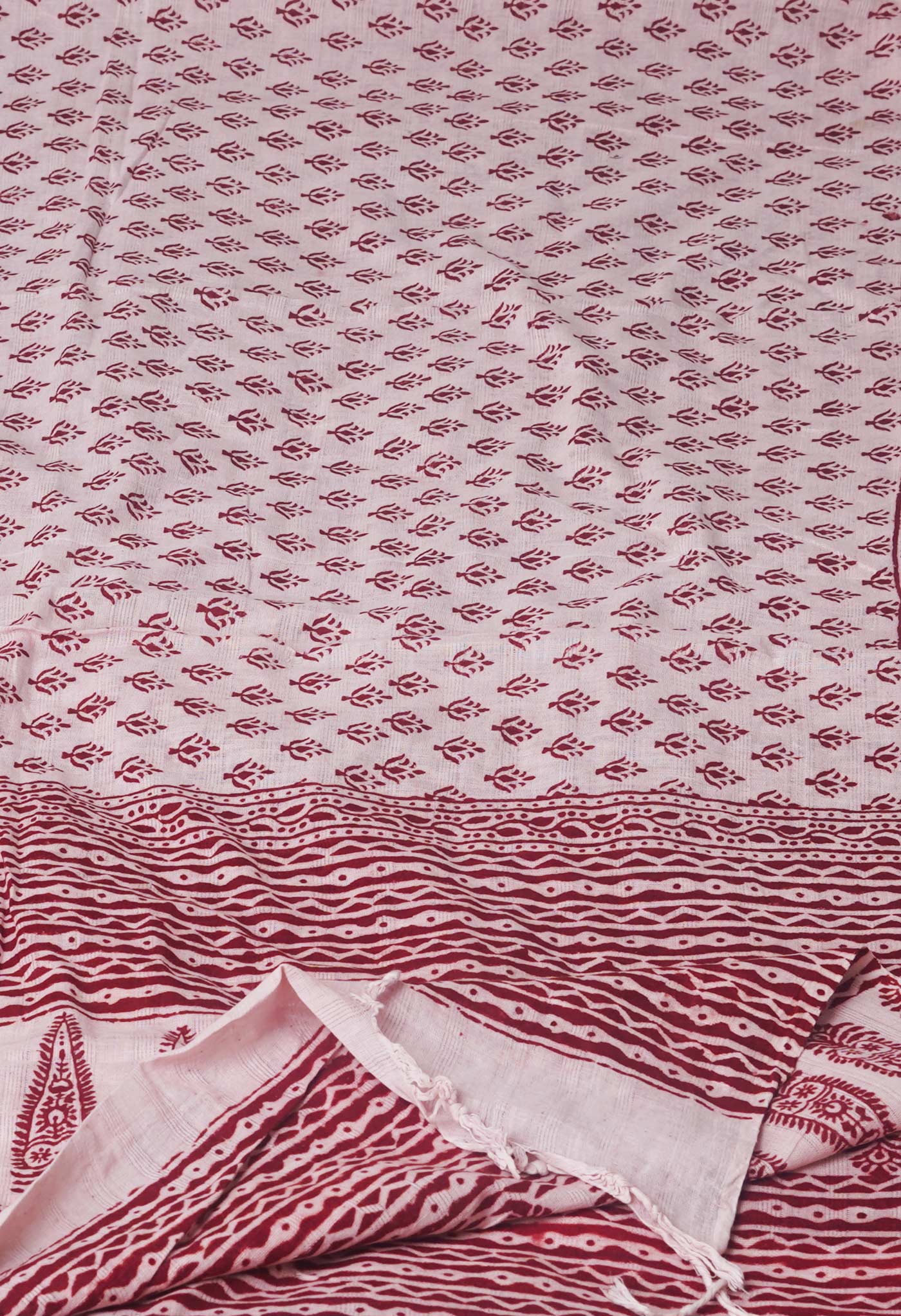 Half White Pure Hand Block Printed Mulmul Cotton Dupatta–UDS4145