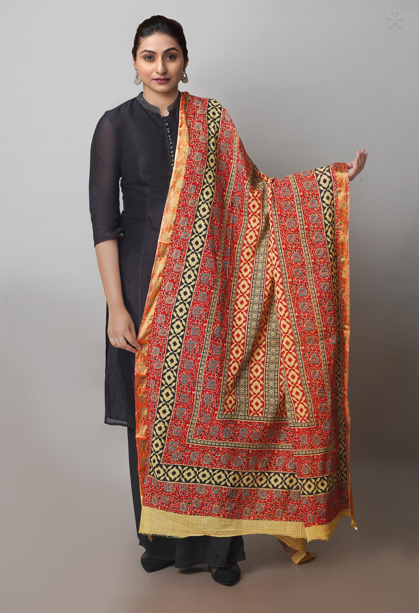 Multi Pure Ajrakh Mulmul Cotton Dupatta With Zari Border-UDS4161