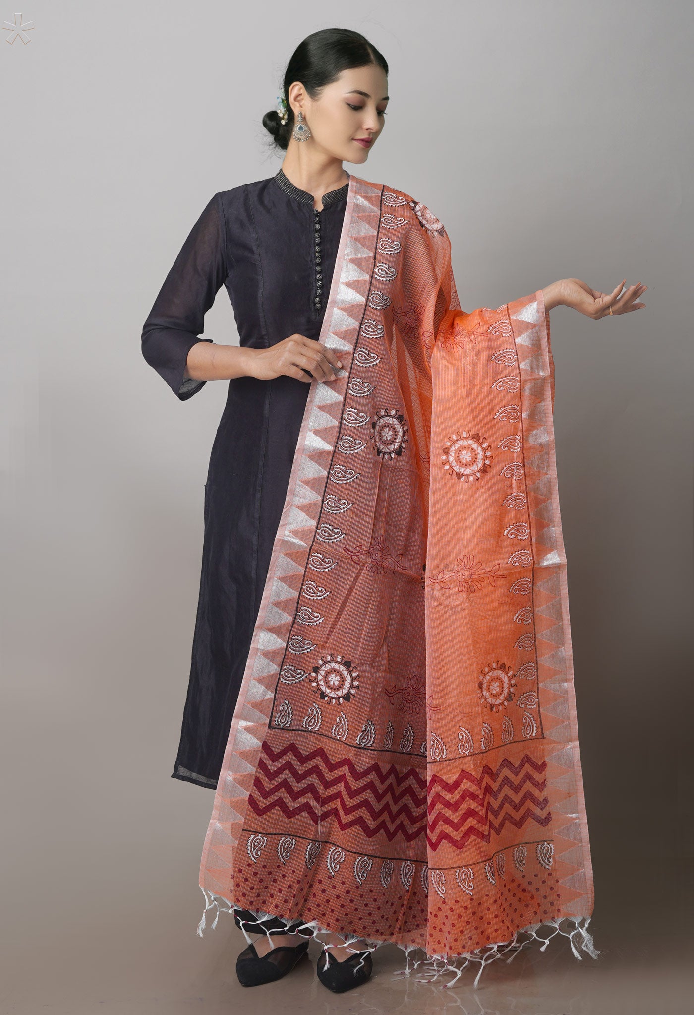 Orange Pure Block Printed Kota Cotton Dupatta with Silver Zari Weaving Border – UDS4197