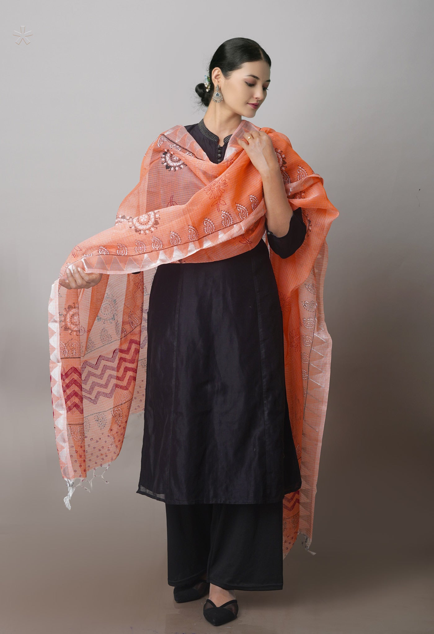 Orange Pure Block Printed Kota Cotton Dupatta with Silver Zari Weaving Border – UDS4197