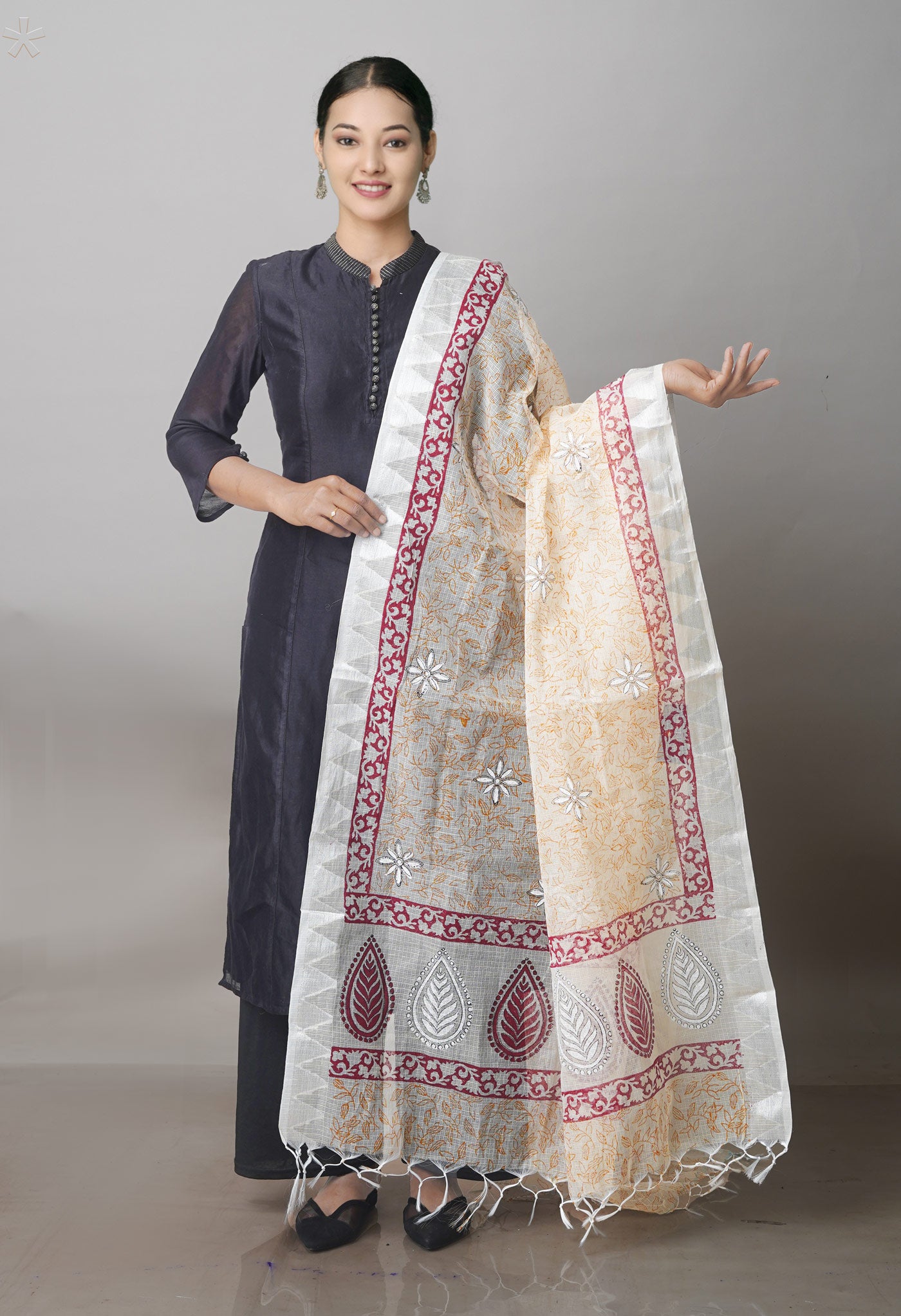 Cream Pure Block Printed Kota Cotton Dupatta with Silver Zari Weaving Border – UDS4198
