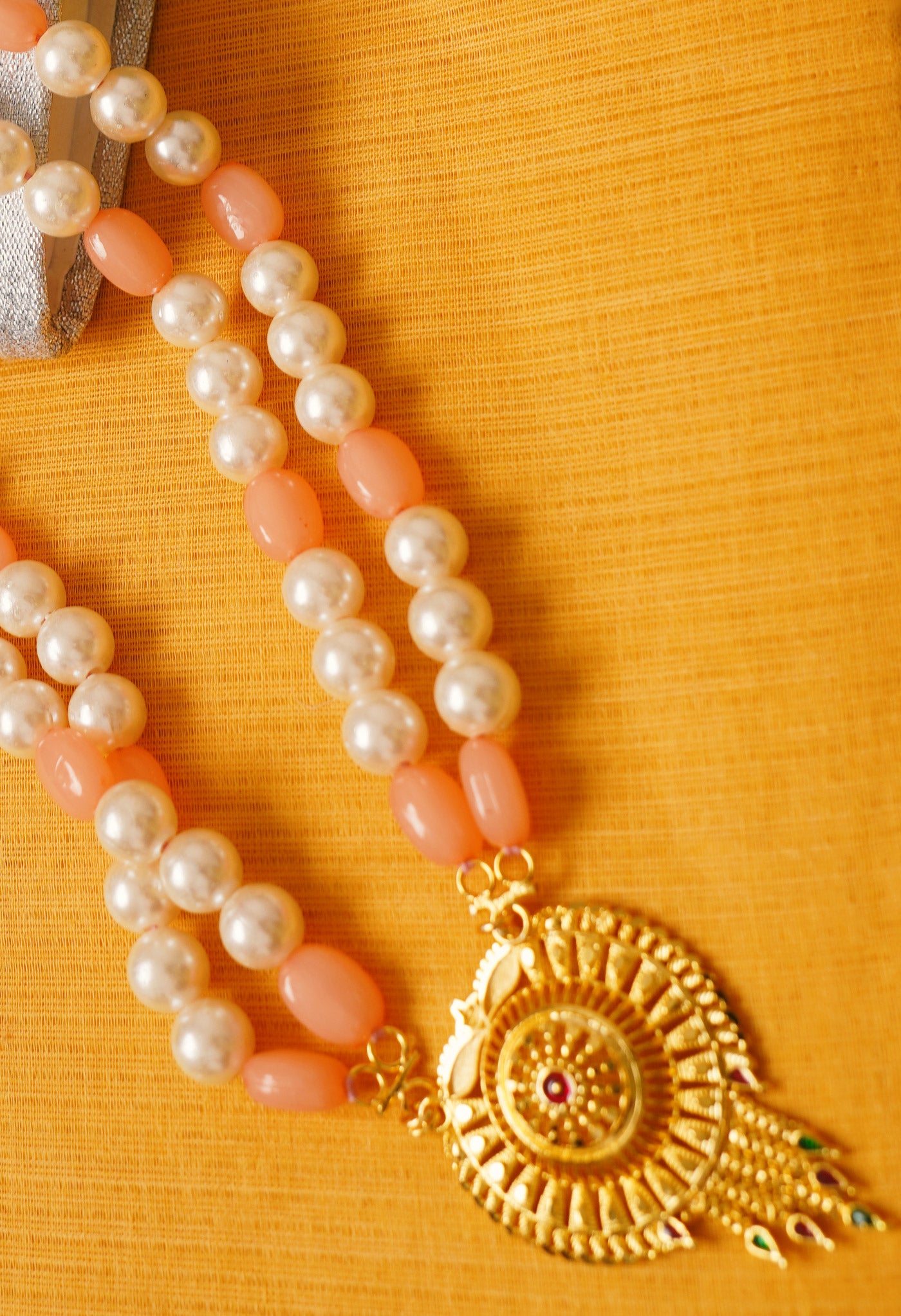 White and Orange Amravati Pearls Beads with Pendent- UJ453