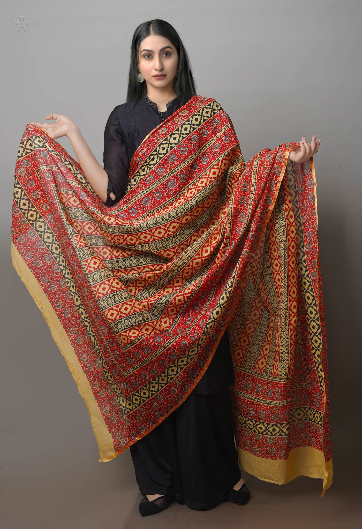 Multi Pure Ajrakh Mulmul Cotton Dupatta With Small Zari Border-UDS4179