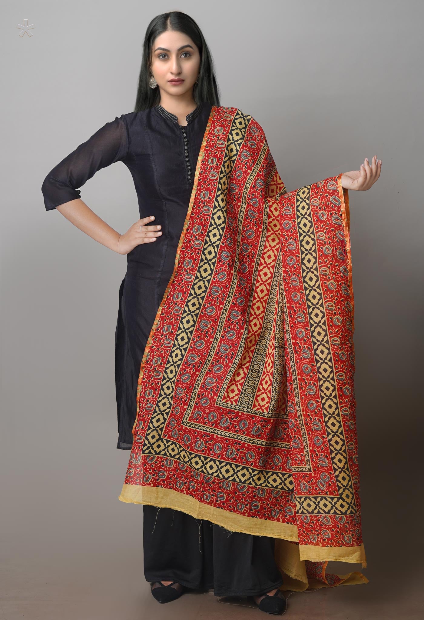 Multi Pure Ajrakh Mulmul Cotton Dupatta With Small Zari Border-UDS4179