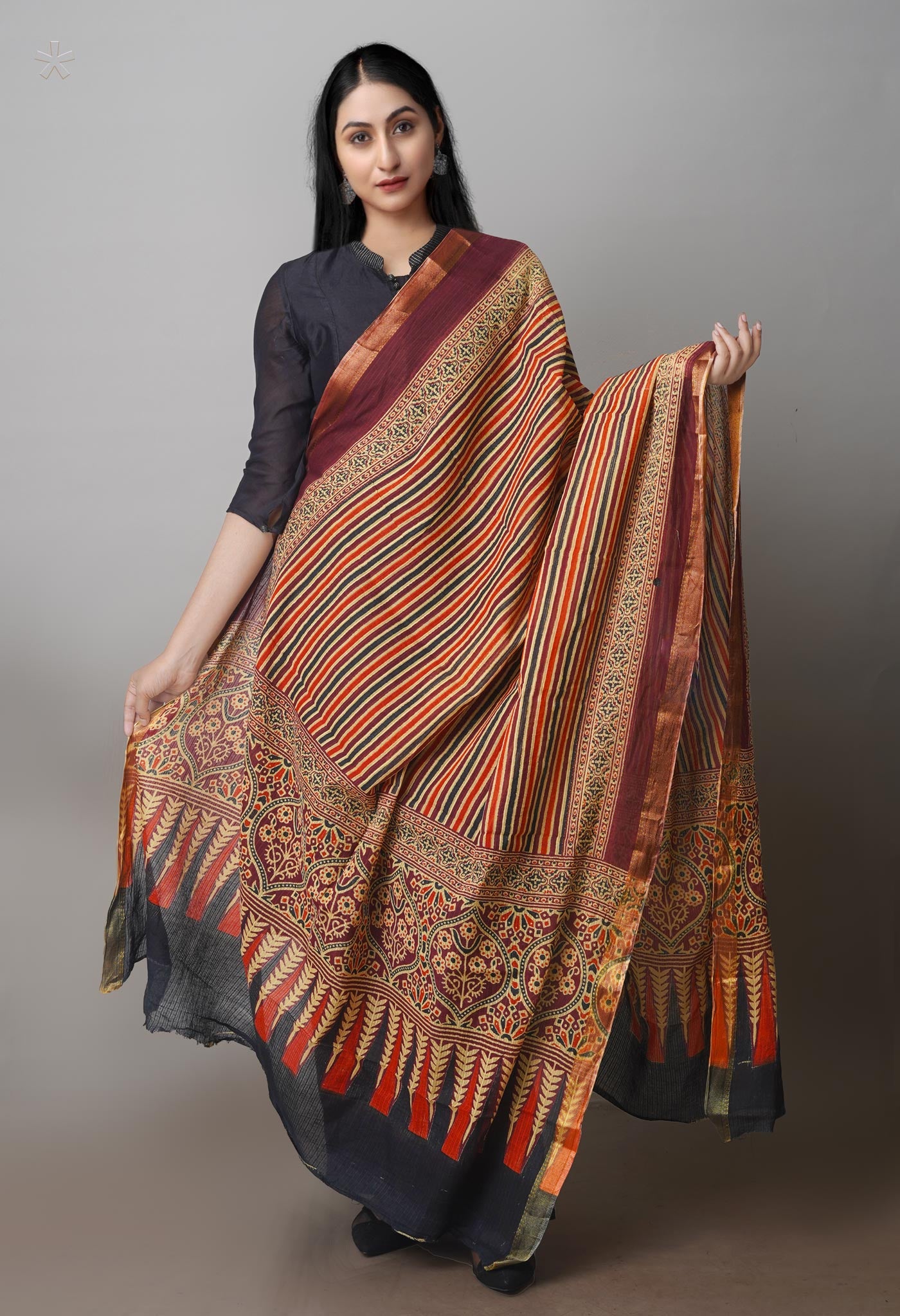 Multi Pure Ajrakh Mulmul Kota Cotton Dupatta With Zari Border-UDS4183