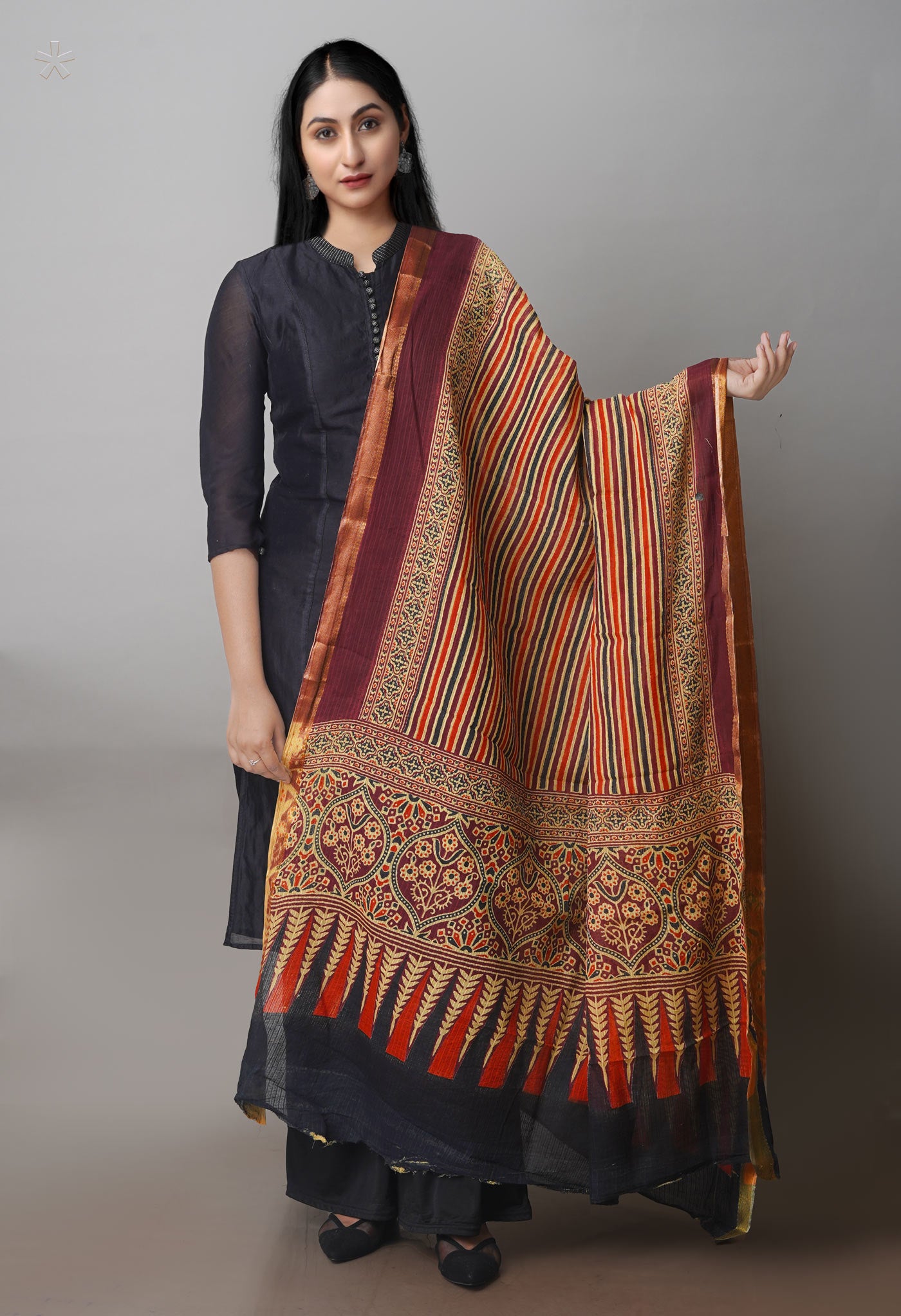 Multi Pure Ajrakh Mulmul Kota Cotton Dupatta With Zari Border-UDS4183