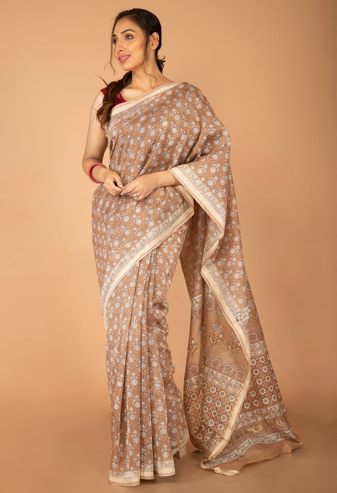 Online Shopping for Brown Skin Printed Chanderi Sico Saree with Fancy/Ethnic Prints from Madhya Pradesh at Unnatisilks.com India
