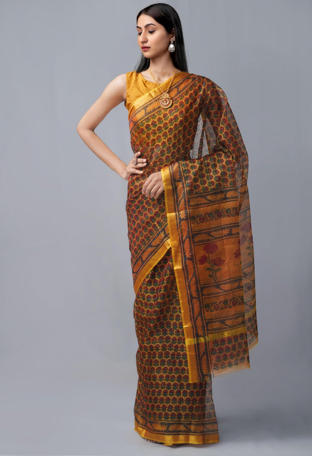 Online Shopping for Yellow Pure Kota Hand Block Print Silk Saree with Hand Block Prints from Rajasthan at Unnatisilks.com India
