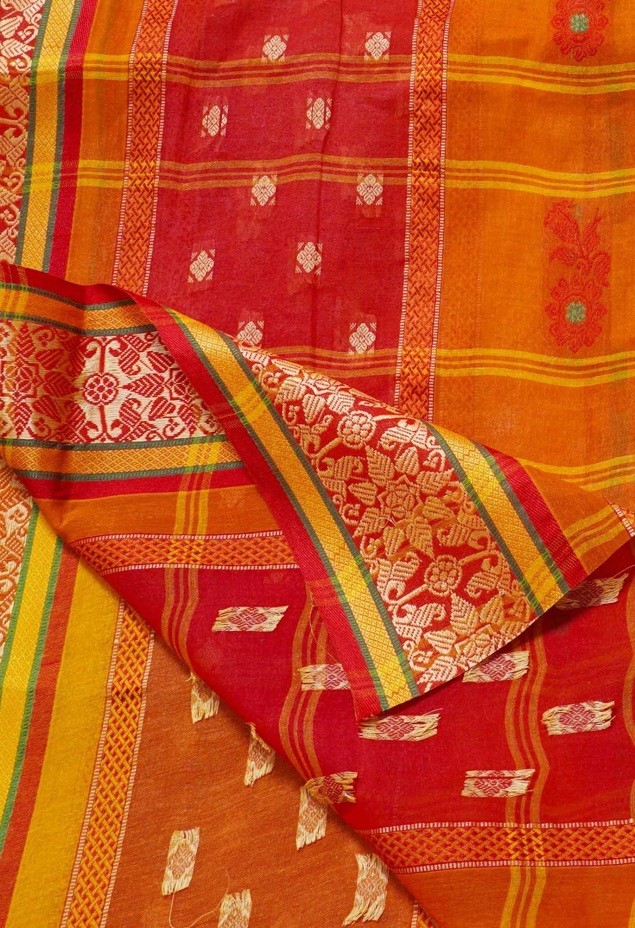 Yellow-Orange Pure Handloom Tant Bengal Cotton Saree-UNM63581