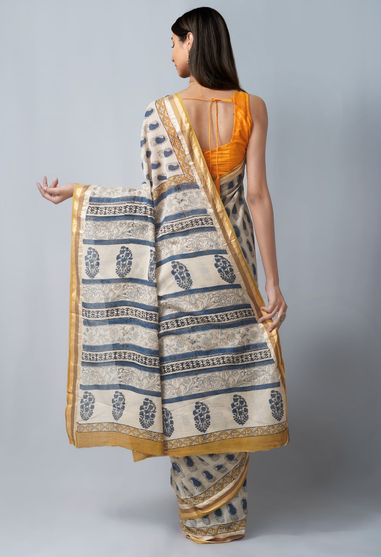 Online Shopping for Beige Pure Block Printed Superfine Mulmul Cotton Saree with Hand Block Prints from Rajasthan at Unnatisilks.com India
