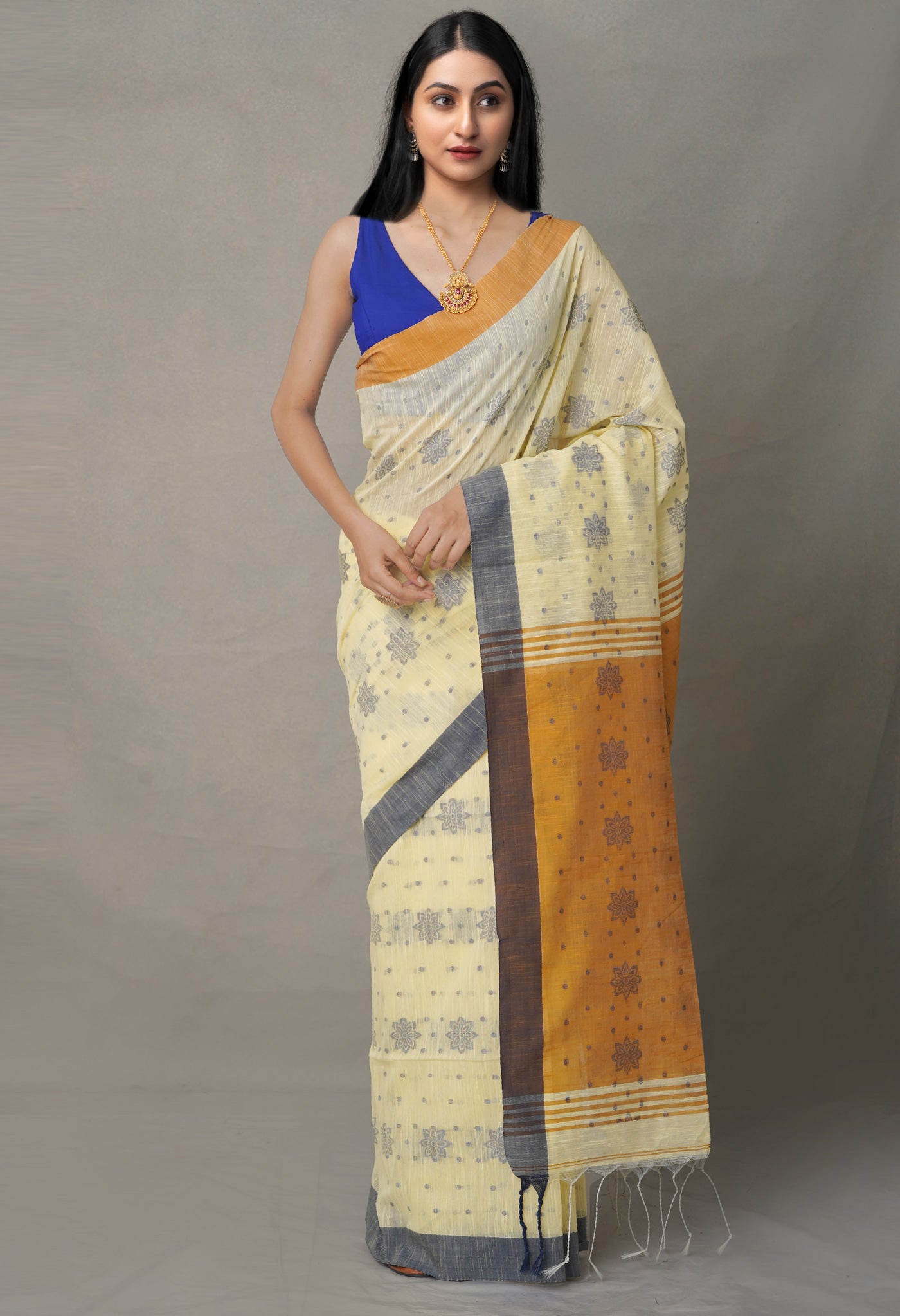Yellow Pure Handloom Bengal  Linen Saree-UNM64435