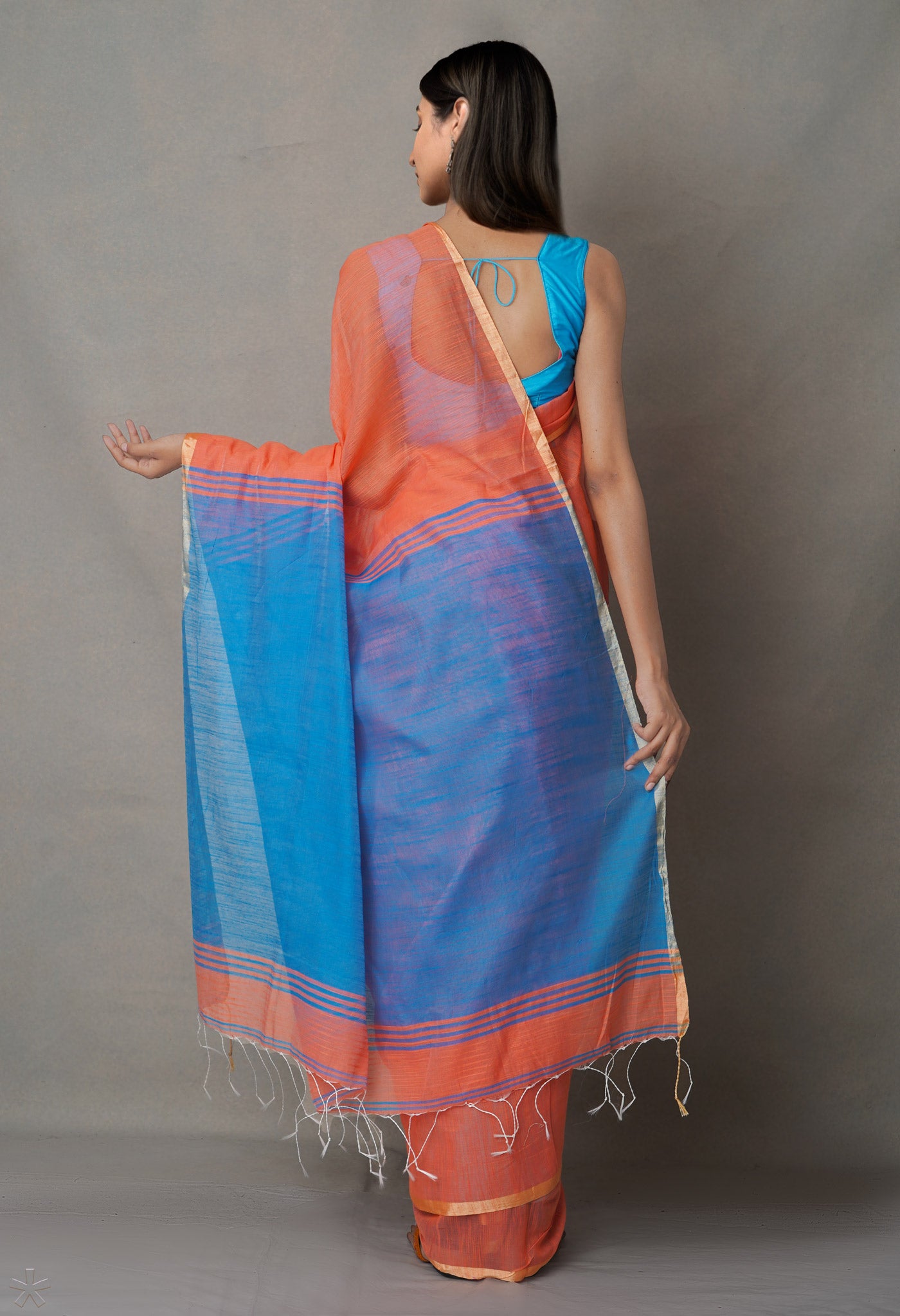 Orange-Blue Pure South India Handloom Cotton Saree