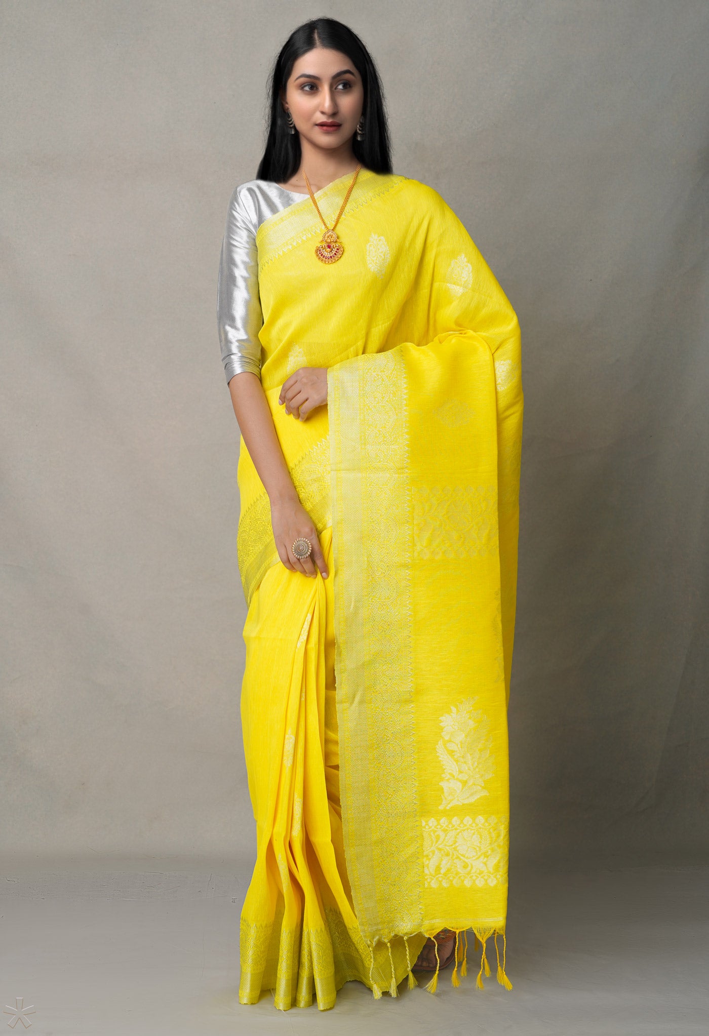 Yellow Pure Handloom Dhakai Jamdhani Cotton Silk Saree