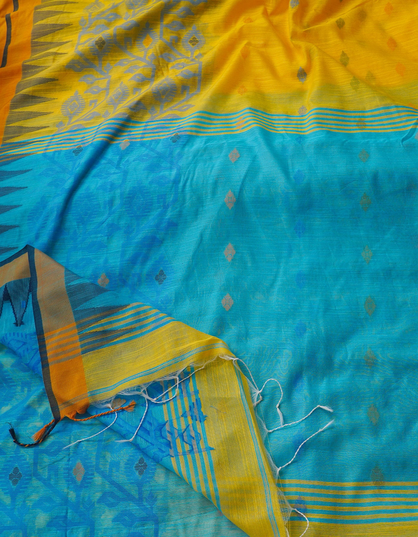 Yellow-Blue PureHandloom Bengal Linen Saree