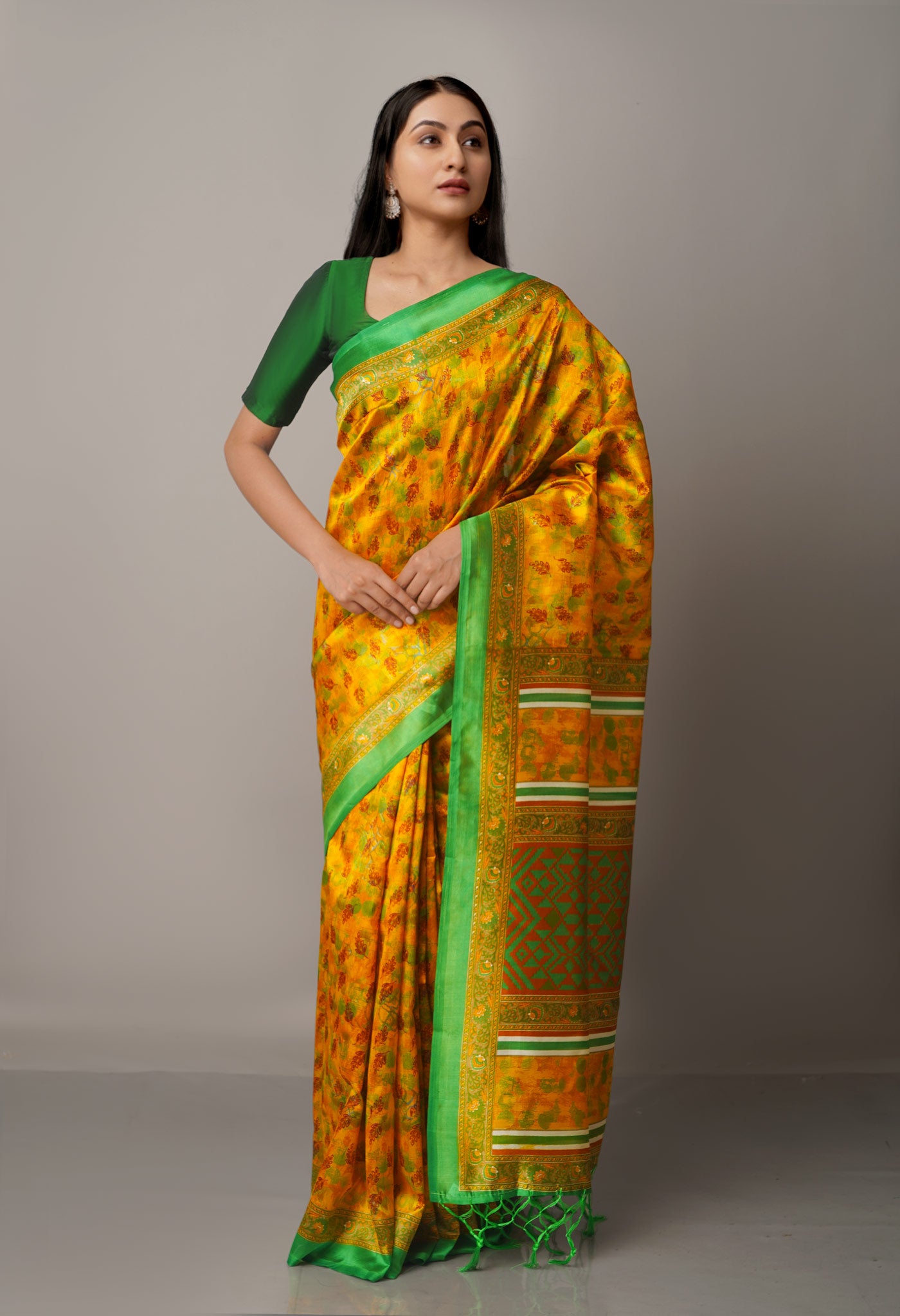 Yellow-Green  Fancy Block Printed  Art Silk  Saree-UNM67345