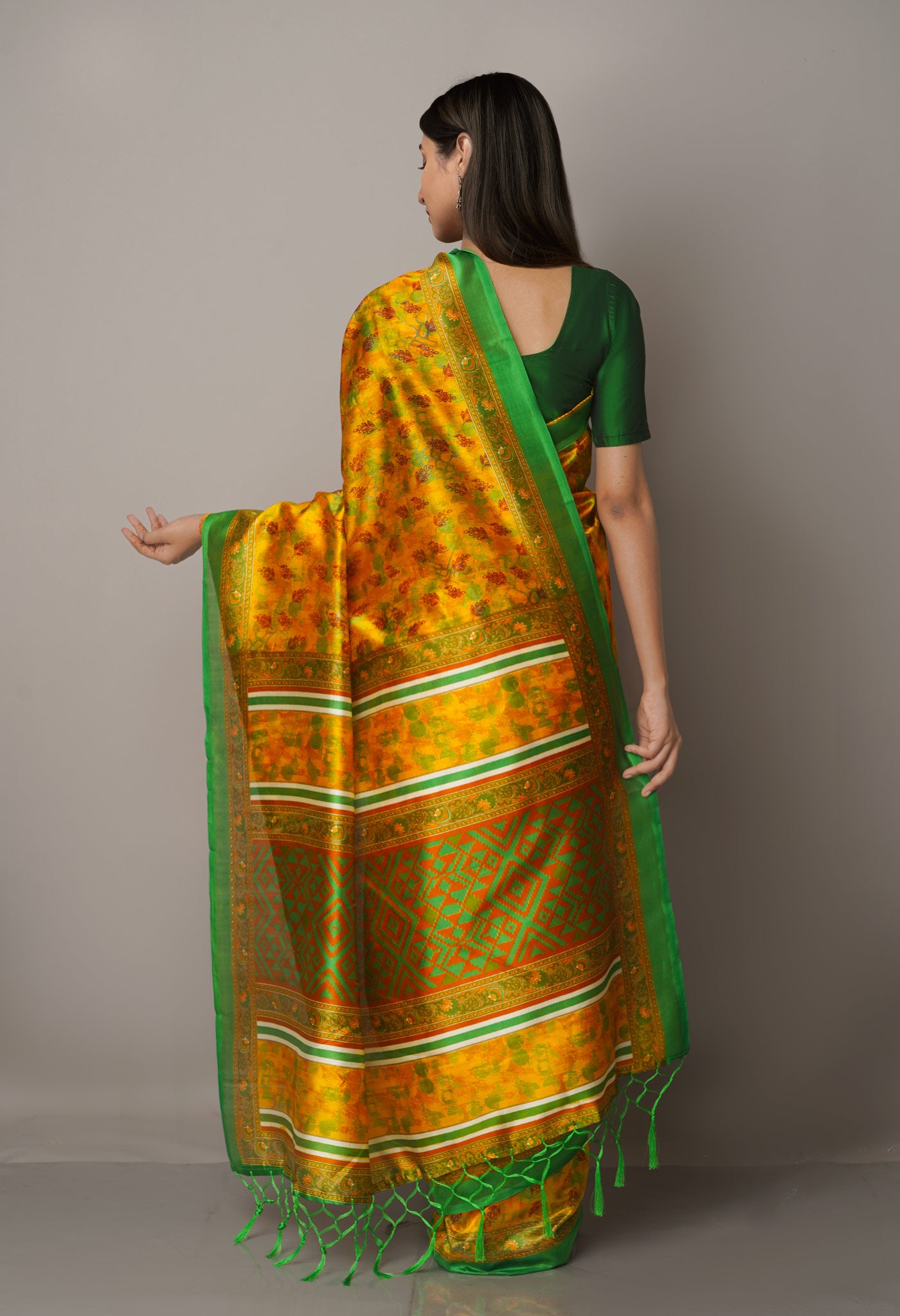 Yellow-Green  Fancy Block Printed  Art Silk  Saree-UNM67345