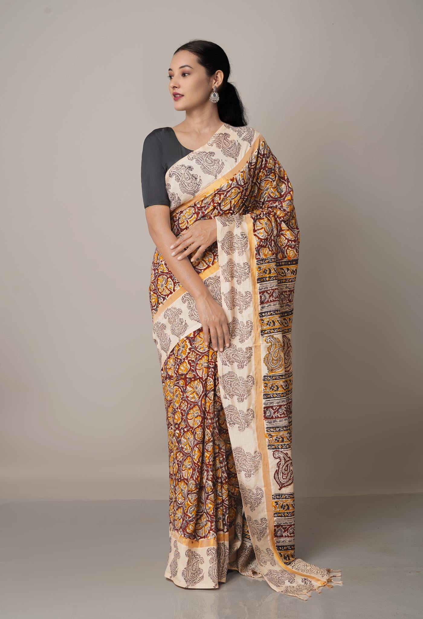 Multi Pure Kalamkari Block Printed Silk Saree