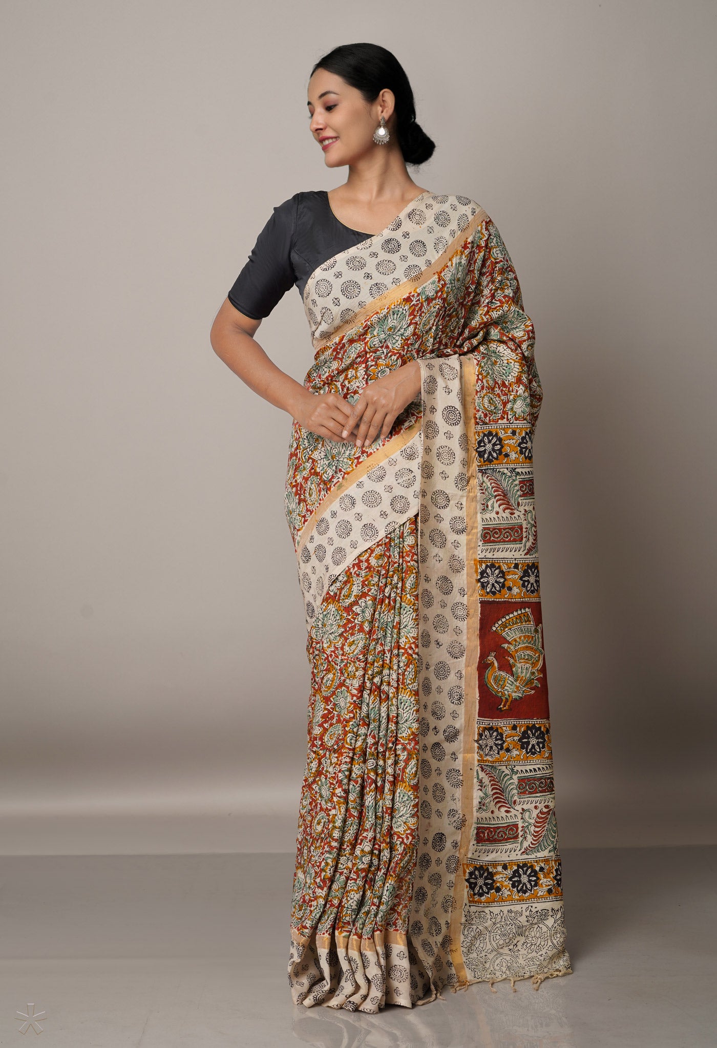 Multi Pure Kalamkari Block Printed Silk Saree