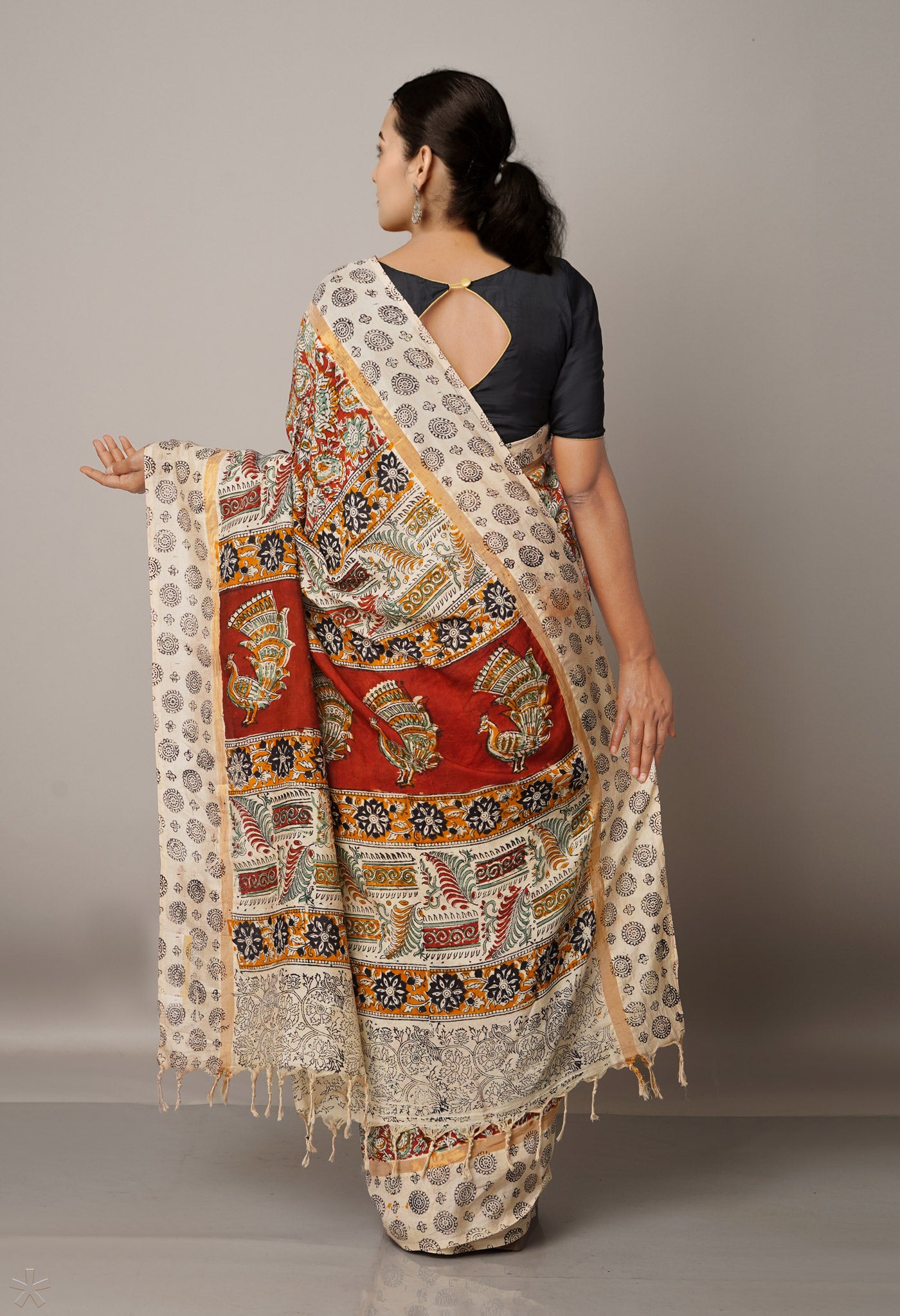 Multi Pure Kalamkari Block Printed Silk Saree