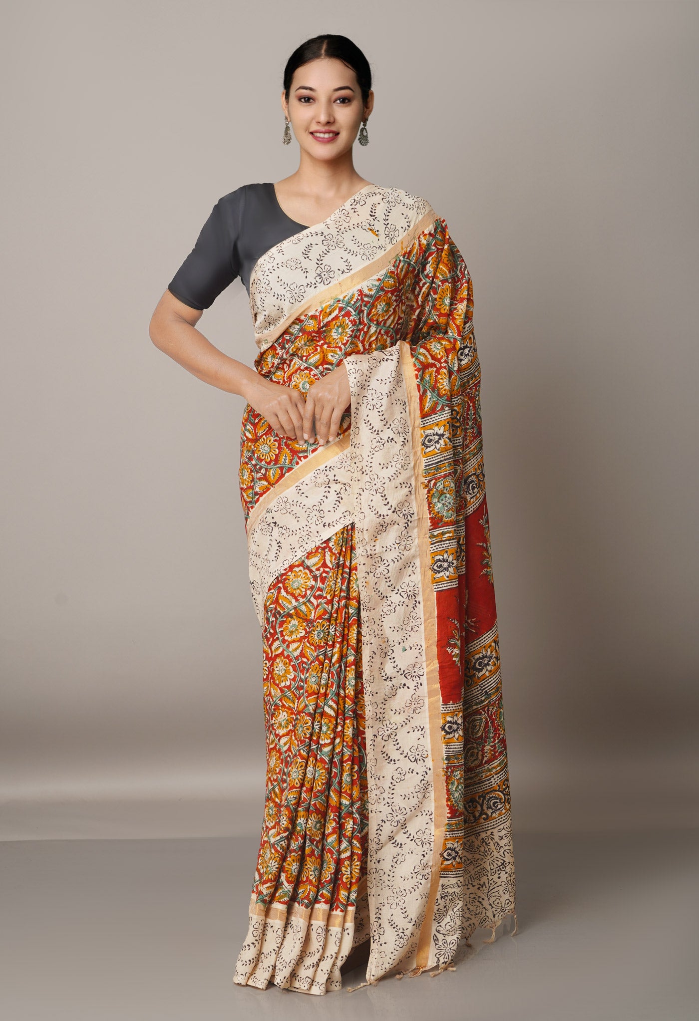 Multi Pure Kalamkari Block Printed Silk Saree