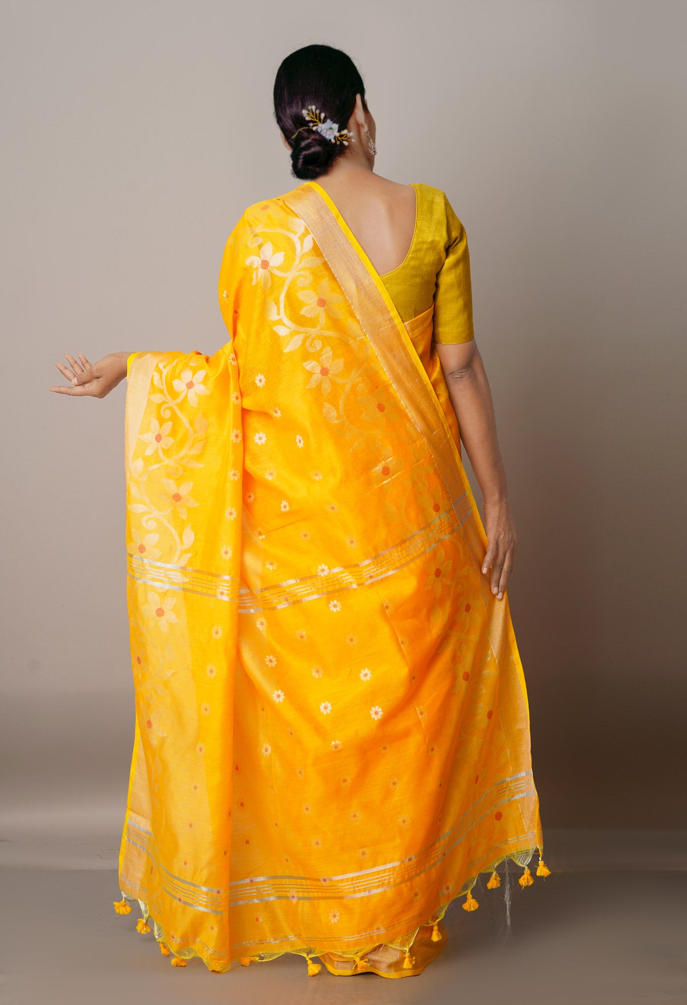Yellow-Orange Handloom Jamdhani Bengal Sico Saree-UNM68177