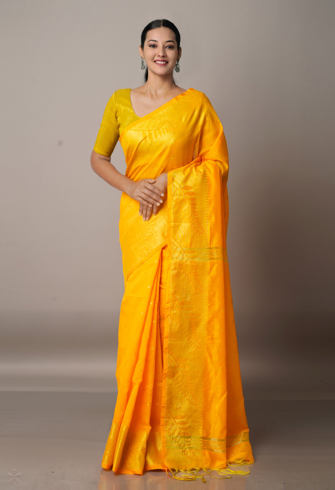 Yellow-Orange Handloom Jamdhani Bengal Sico Saree-UNM68225